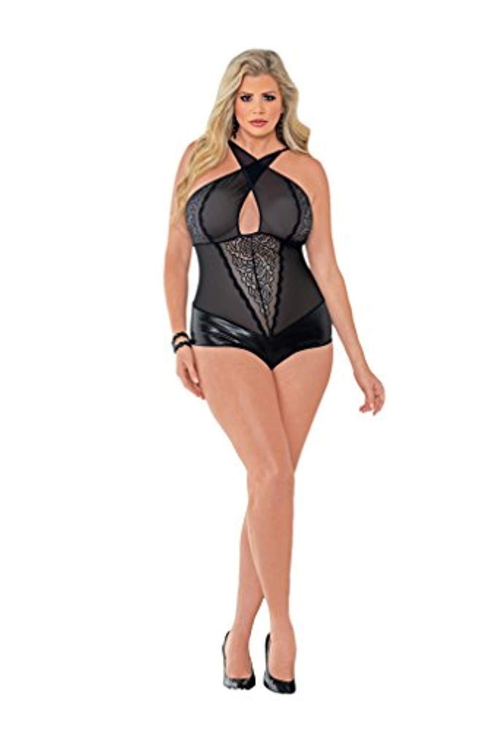 Plus Size Women's Sheer Halter Criss Cross Lace Teddy Romper Lingerie - Sexy Lace Bodysuit for Date Night, Boudoir Photoshoot & Special Occasions