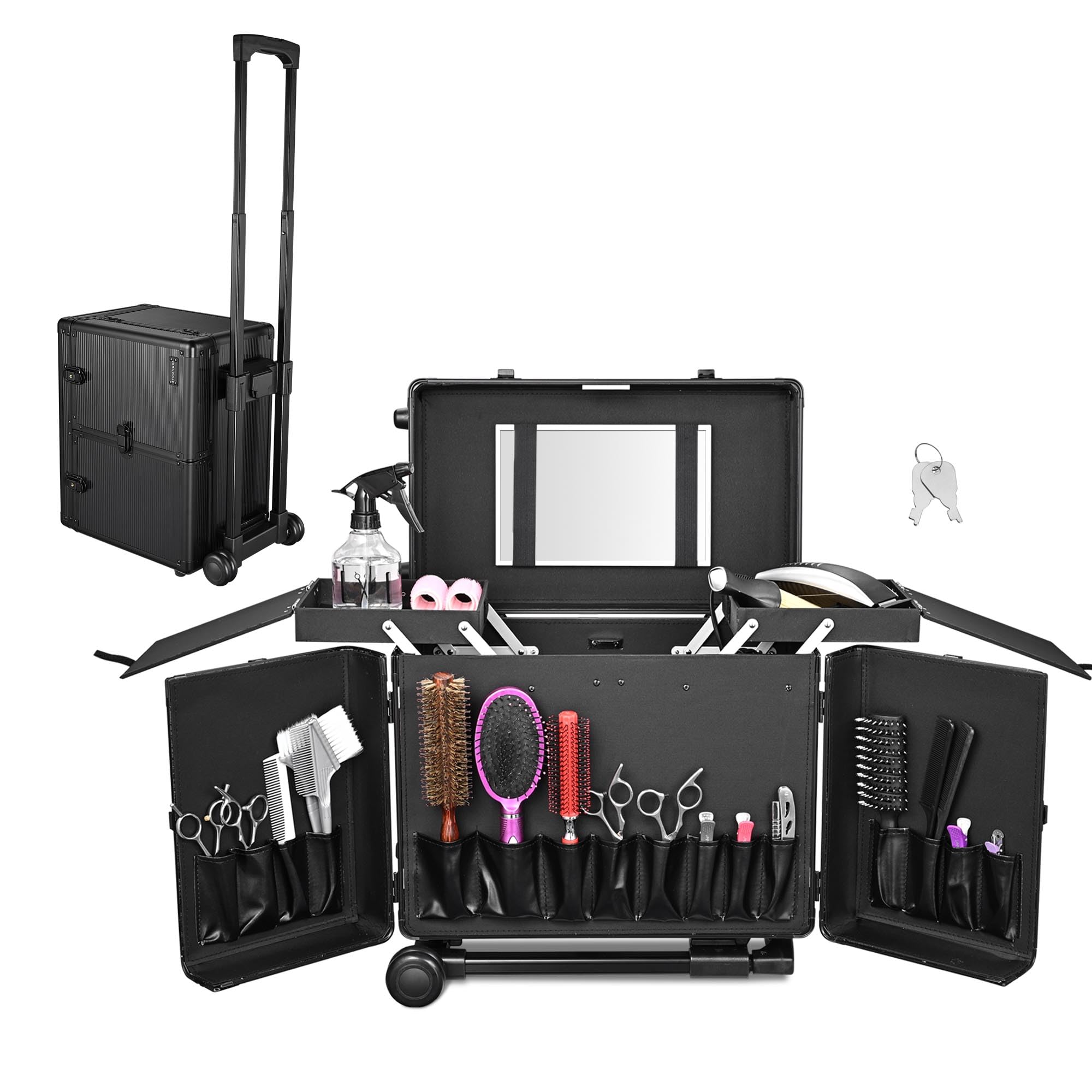 BYOOTIQUE Professional Rolling Makeup Train Case with Lock, Mirror & Wheels - Portable Cosmetic Organizer for Hair Stylists, Makeup Artists & Beauty Professionals - Perfect for Salon, Travel & On-the-Go Makeup Storage