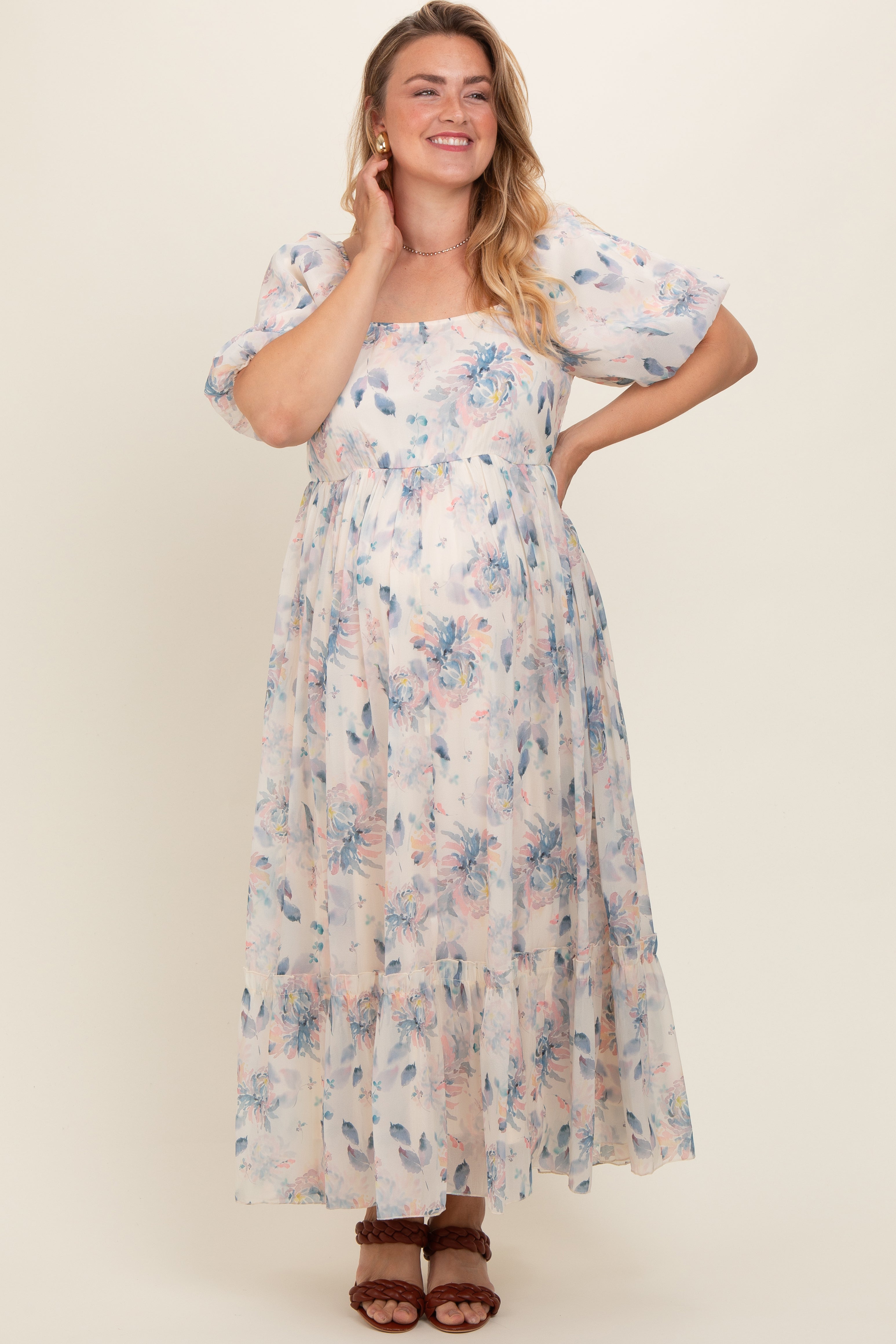 Beige Floral Puff Sleeve Plus Size Maternity Maxi Dress for Pregnancy, Nursing & Special Occasions - Comfortable & Stylish Maternity Wear for Women