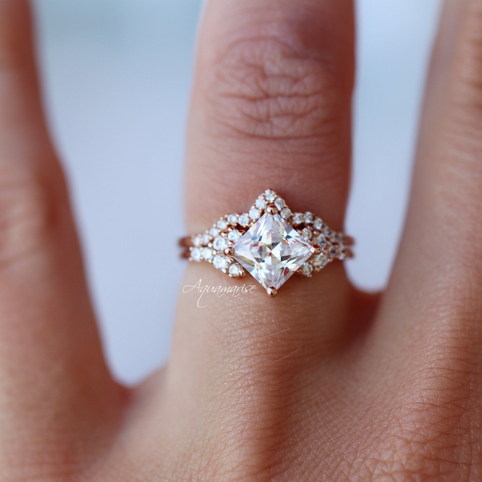 Ellie Princess Cut Lab Grown Diamond Engagement Ring Set - 14K Solid Rose Gold Wedding Band (IGI Certified) | Perfect for Proposals, Anniversaries & Bridal Jewelry