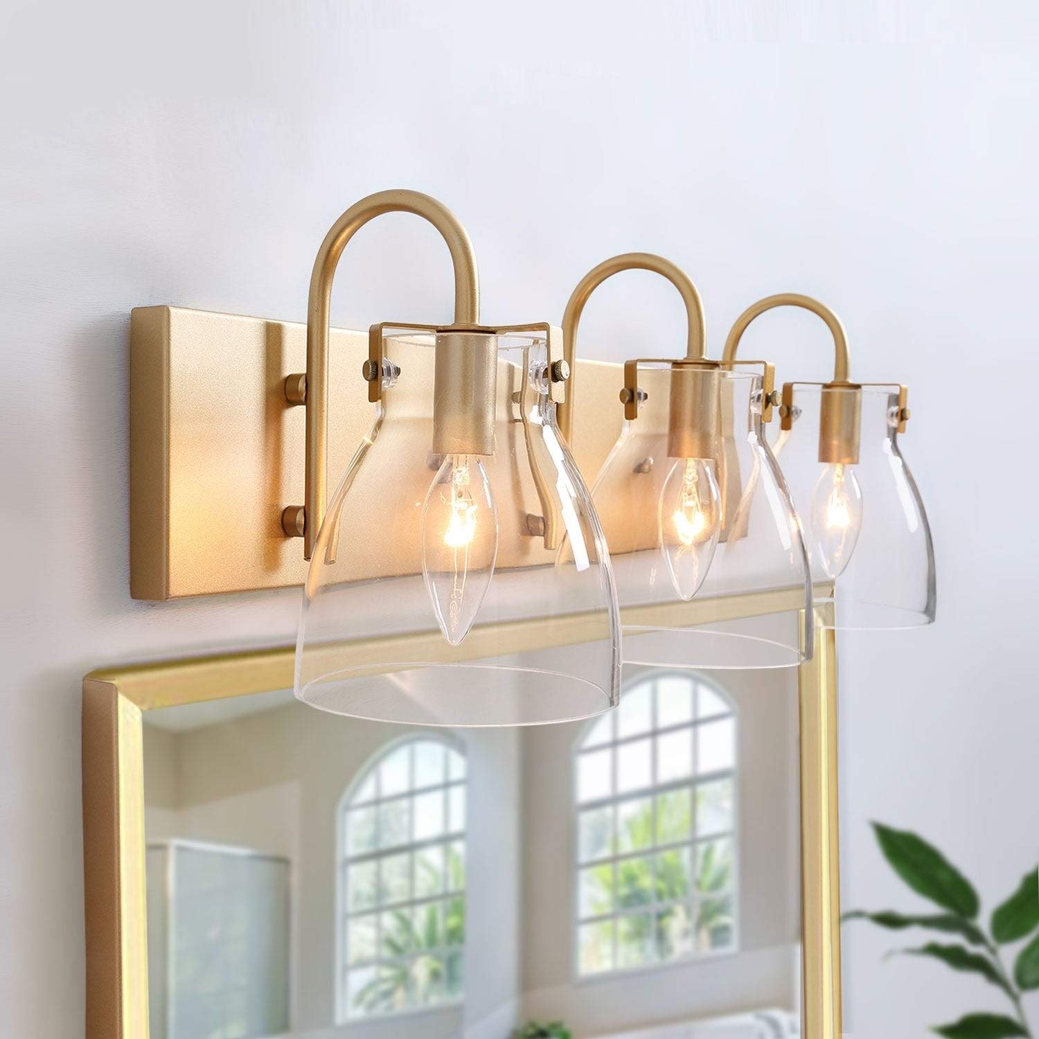 Modern 3-Light Gold Bathroom Vanity Lighting - Brass Wall Sconce with Dimmable Glass Shades (22