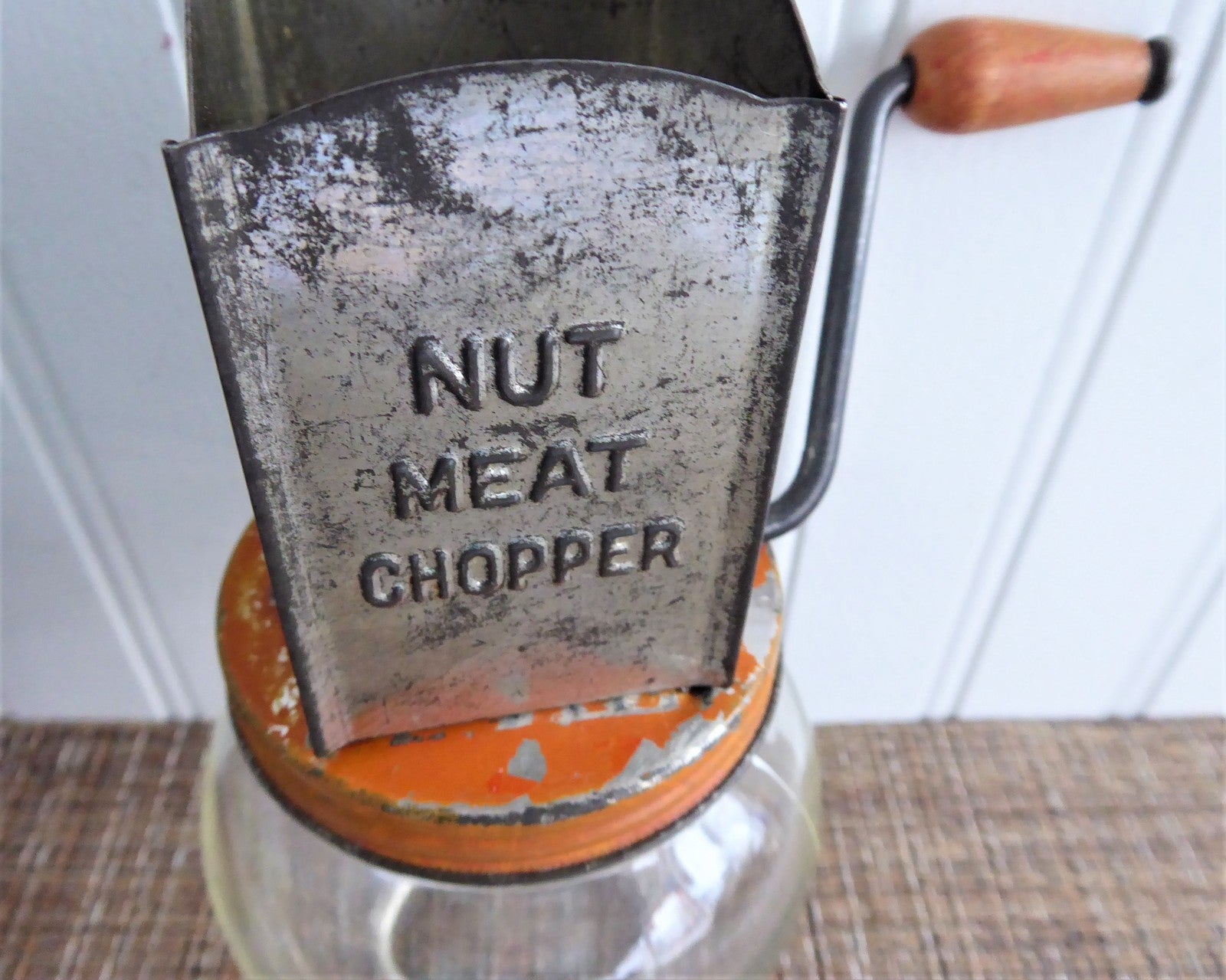 Vintage 1930s Hazel Atlas Glass Nut Chopper with Metal Top - Original Orange Paint - Perfect for Crushing Nuts, Herbs, and Spices for Baking, Cooking & Cocktails