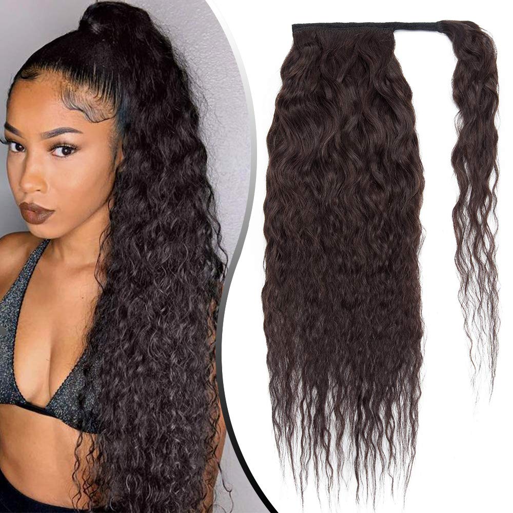 Elailite 22 Inch Black Human Hair Ponytail Extension - 100% Remy Human Hair, Clip-in Wrap Around Hair Extensions, Long Corn Wave Wavy Style, #1B Natural Black - Perfect for Parties, Weddings & Everyday Styling