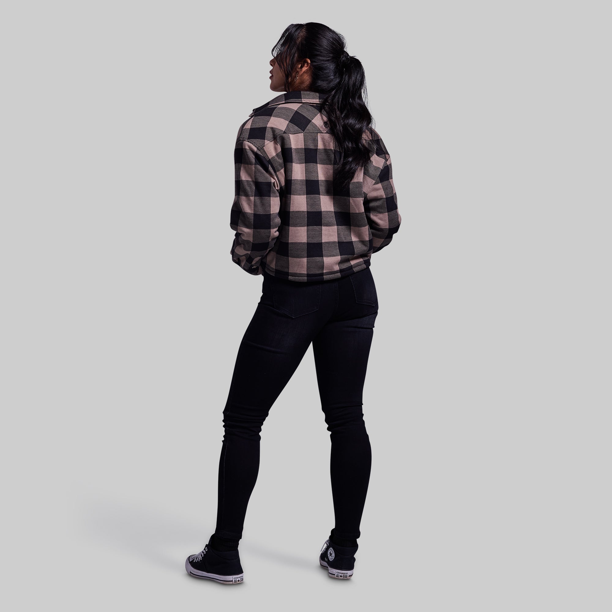 Women's Sherpa Cropped Flannel Shirt - Soft Plaid Winter Jacket with Axe Print | Cozy Layering for Fall & Winter, Outdoor Camping, and Casual Streetwear