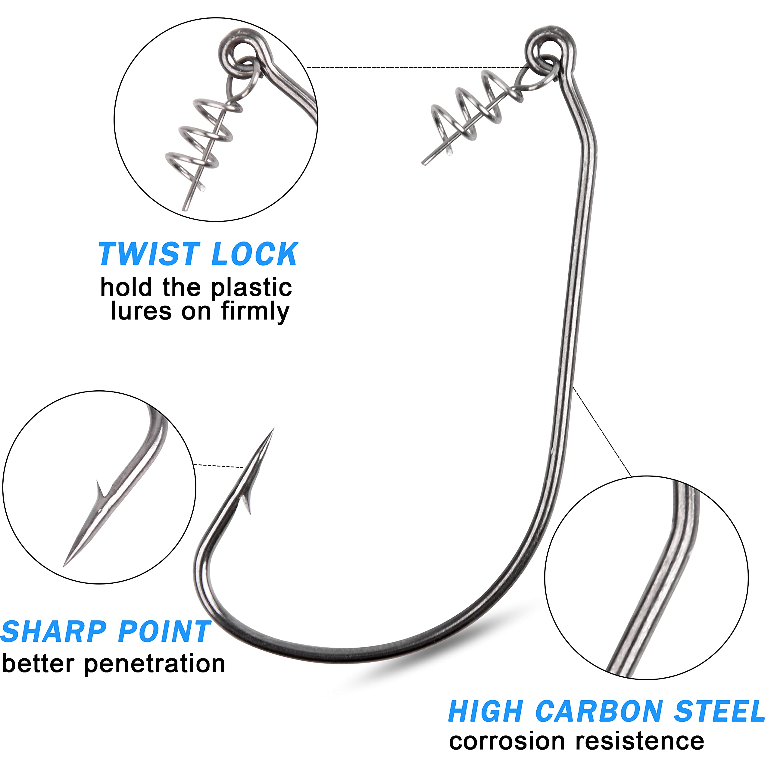 50pcs Bass Hooks Worm Hooks - Twistlock Fishing Hooks with Centering Spring Pin | Weedless Swimbait Hooks for Soft Fishing Lures (Size 1/0-5/0) | Perfect for Freshwater Bass Fishing & Saltwater Angling
