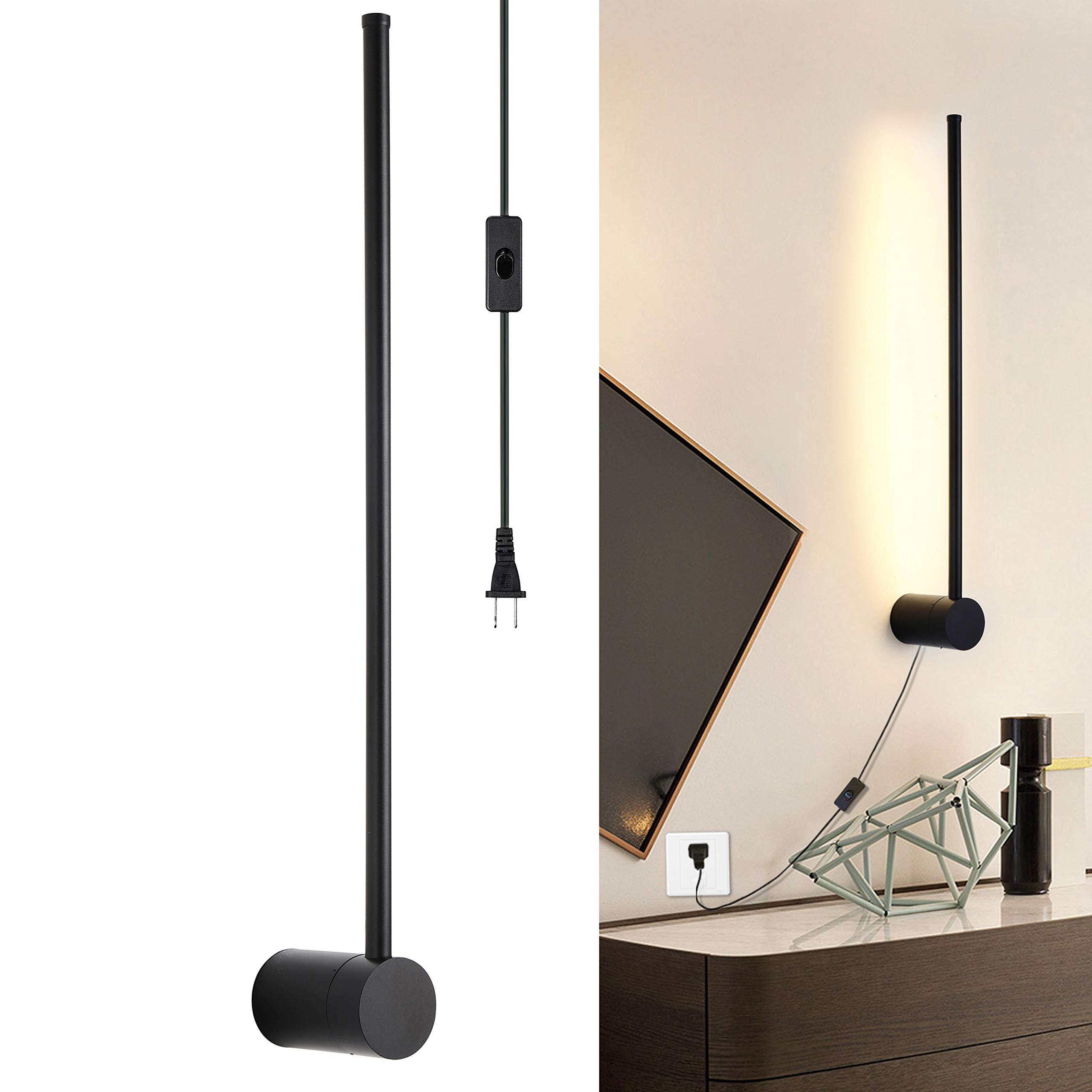 Modern Plug-in LED Wall Sconce - Matte Black Bedroom Wall Lamp with On/Off Switch & 21.6