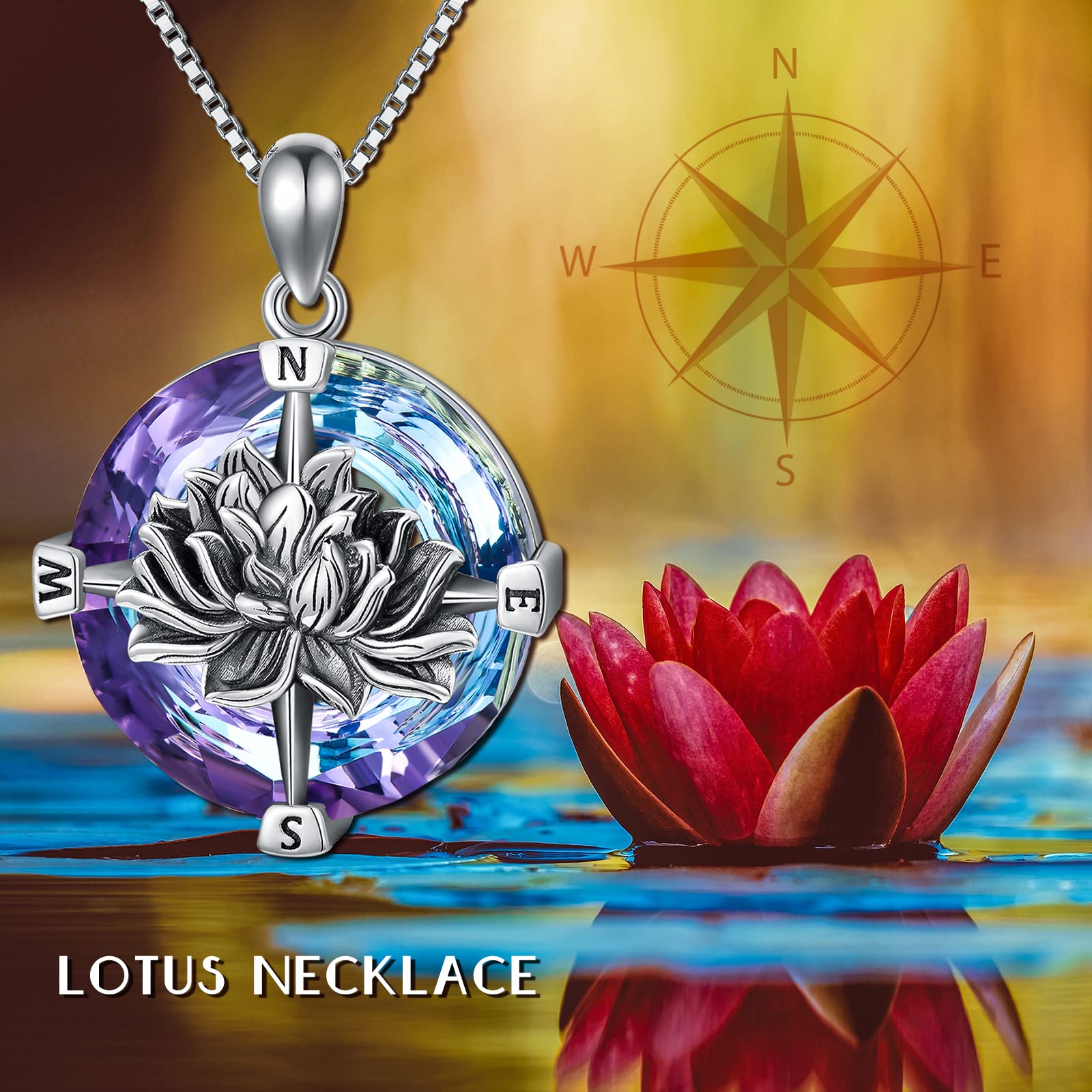 SIMONLY Sterling Silver Lotus Compass Necklace for Women - Crystal Pendant Inspirational Jewelry Gift for Christmas, Graduation, Friendship & Travel - Perfect for Everyday Wear & Special Occasions