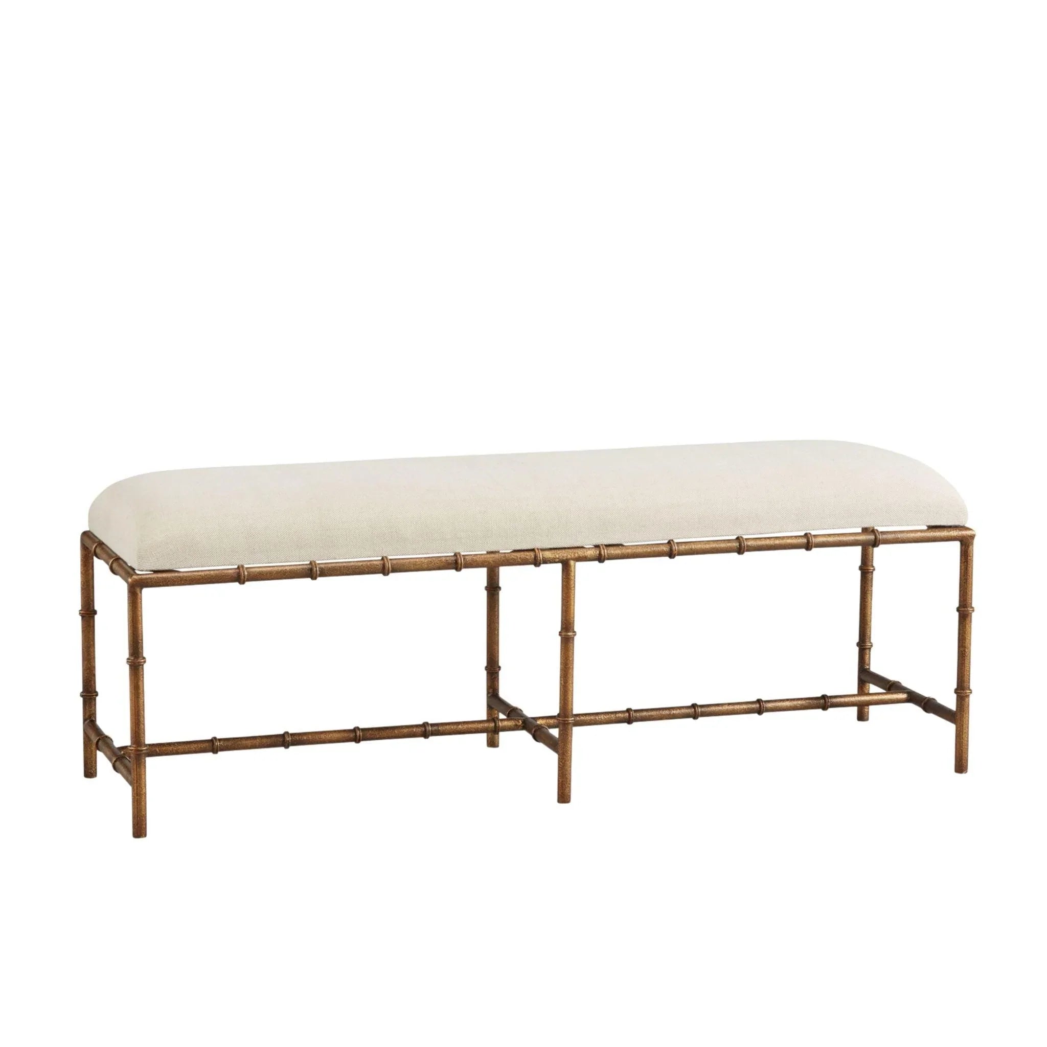 Anubis Iron Faux Bamboo Bench with Gold Finish & Linen Cushion - Stylish Entryway, Living Room, or Bedroom Seating Furniture for Home Decor