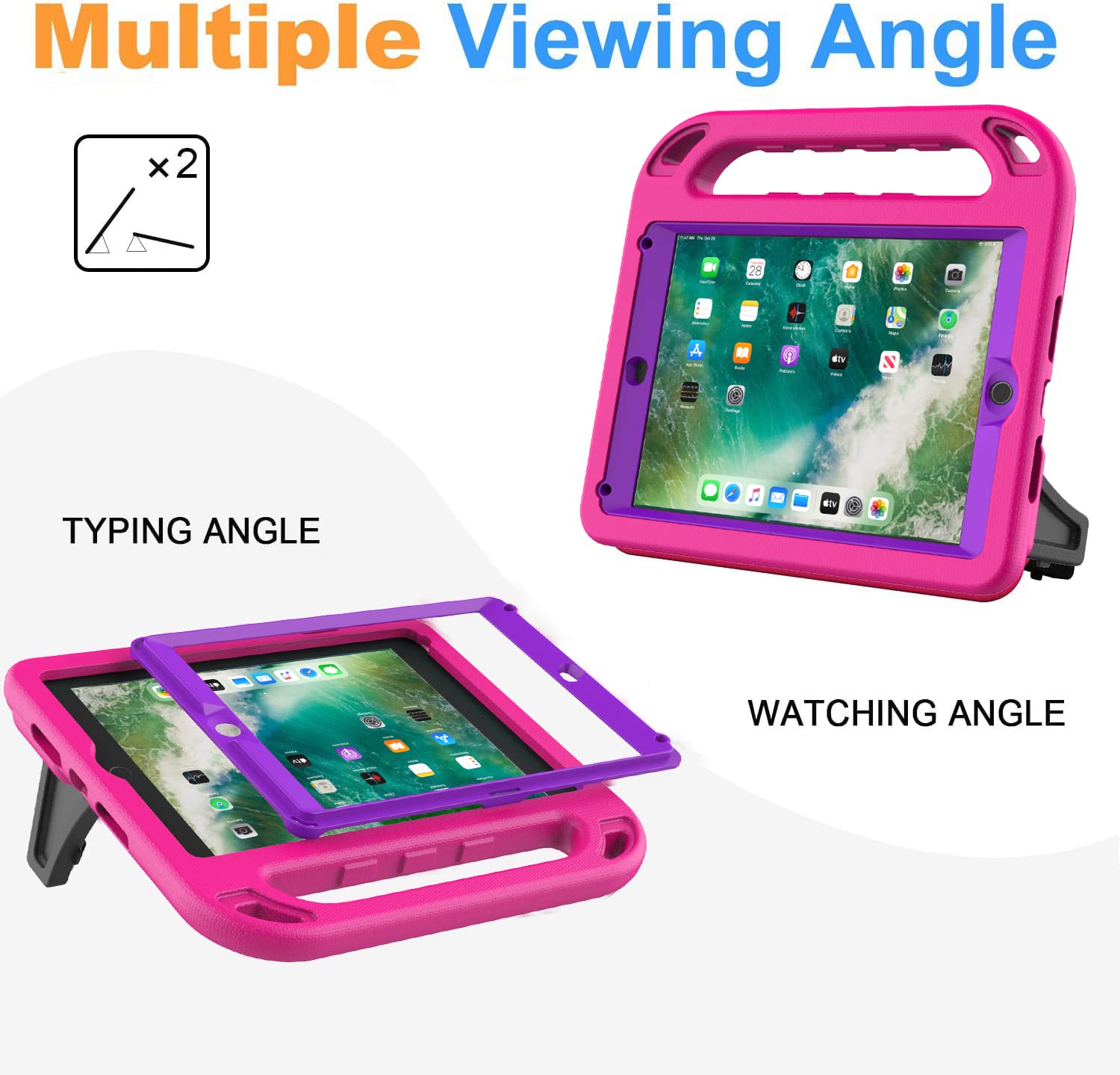 BMOUO Shockproof Kids iPad Case for iPad 9.7 (6th/5th Gen), iPad Air 2/1, iPad 2018/2017 - Built-in Screen Protector with Convertible Stand Handle | Perfect for School, Travel & Home Use - Purple Rose