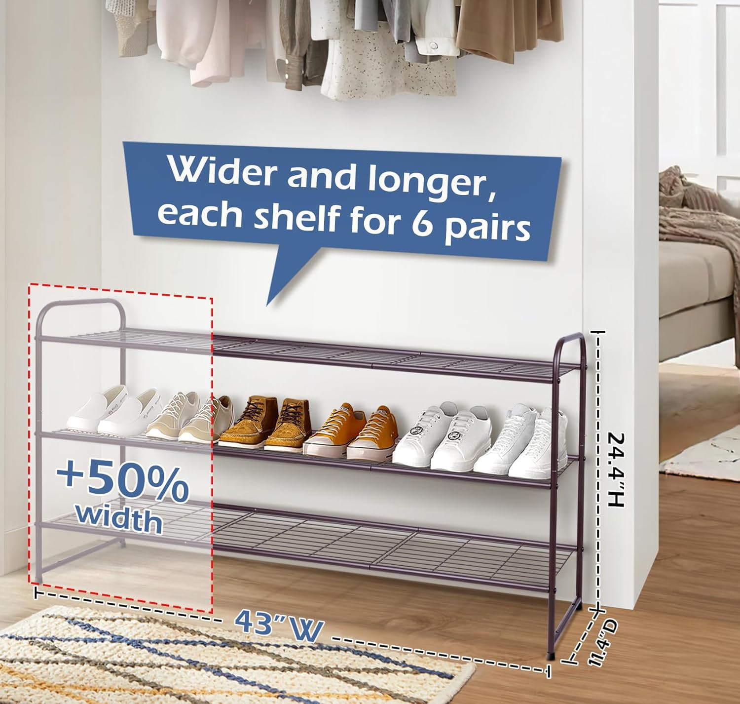 KEETDY 3-Tier Stackable Metal Shoe Rack Organizer - Holds 24 Pairs of Shoes for Closet, Bedroom & Entryway - Bronze Wire Grid Storage Shelf for Men's Sneakers & Women's Boots - Space Saving Shoe Storage Solution for Small Spaces