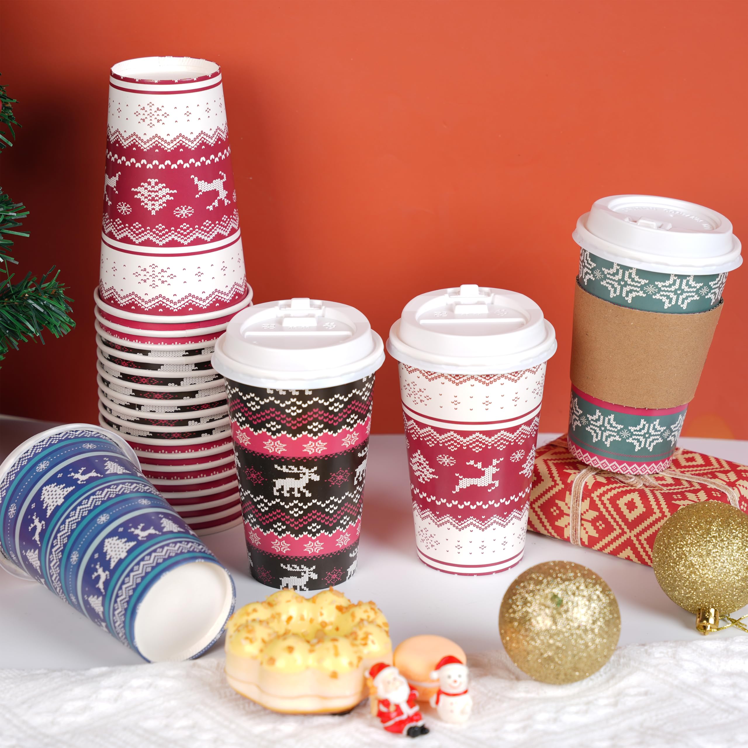JOYIN 72-Pack Christmas Paper Cups with Sleeves & Lids - 16 oz Disposable Holiday Cups for Hot Chocolate, Coffee & Cold Drinks - 4 Festive Designs - Perfect for Christmas Parties, Office Celebrations & Family Gatherings