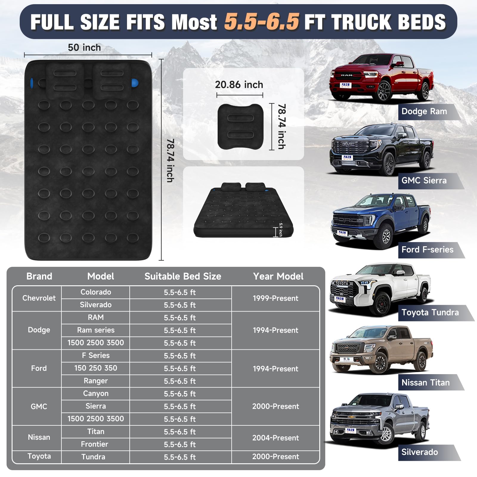Umbrauto Full-Size Truck Air Mattress for 5.5-6.5 ft Short Beds | Rechargeable Wireless Pump | Camping & Travel Airbed for Pickup Trucks | Perfect for Road Trips, Outdoor Adventures & Backyard Camping