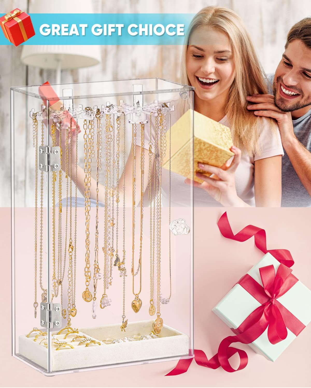 Clear Rotatable Acrylic Necklace Holder & Jewelry Organizer Display Case - Beige Velvet Tray for Rings, Earrings, Pendants & Bracelets | Perfect for Closet, Vanity & Retail Store Jewelry Display