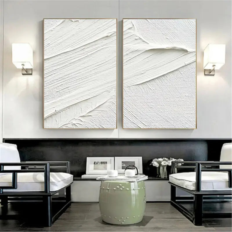 Minimalist White Textured Canvas Paintings - Set of 2 Modern Abstract Wall Art for Living Room & Bedroom Decor #MM052