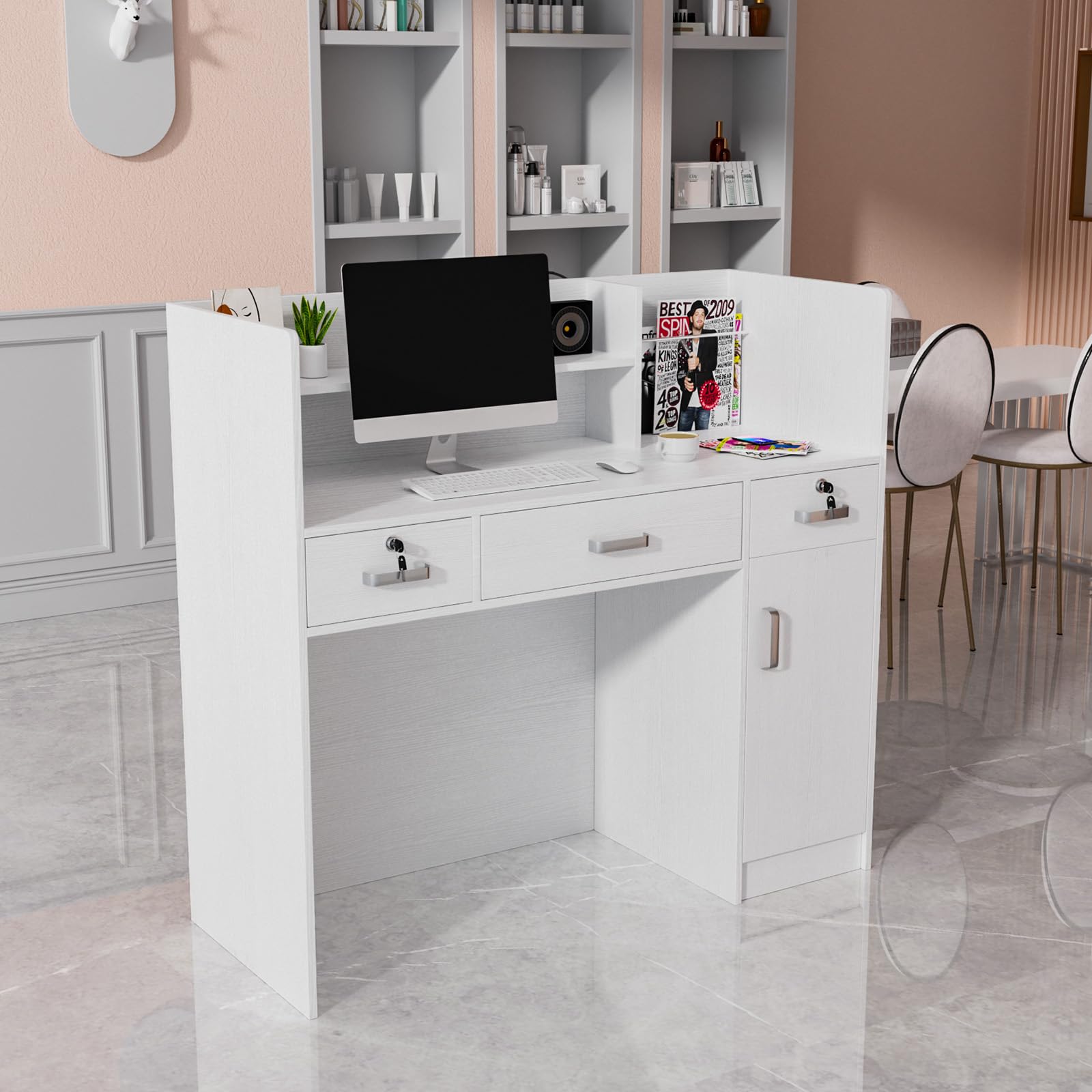 Modern Reception Desk with Lockable Drawers & Adjustable Shelves - 47.2