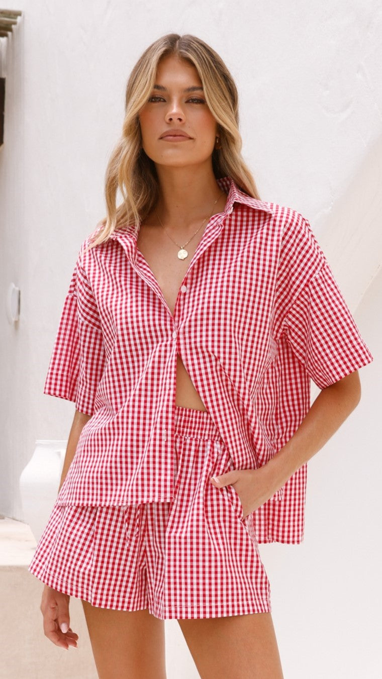 Alma Shirt - Red Gingham Checkered Button Down Shirt for Women | Casual & Office Wear | Perfect for Summer Outfits & Work Attire