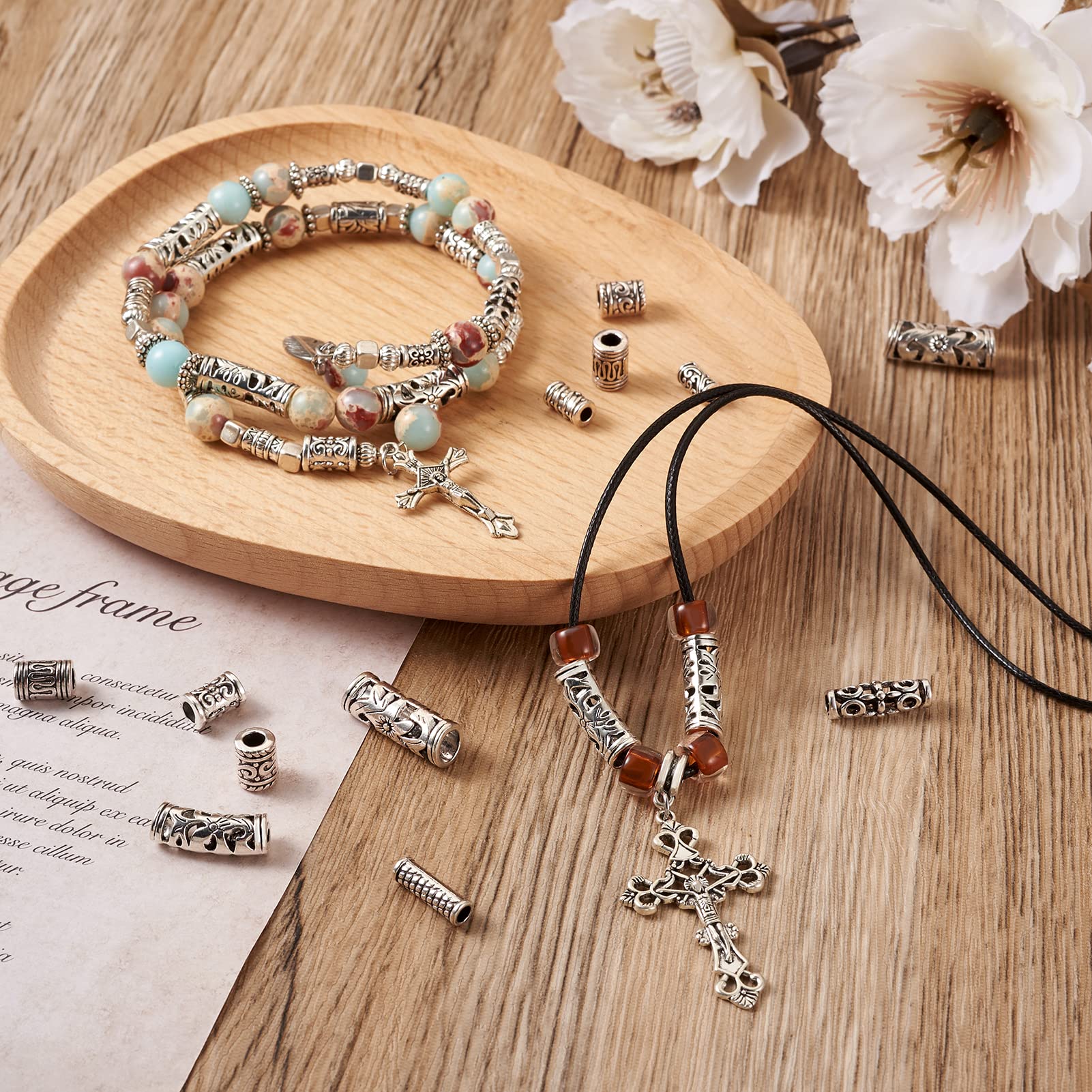 KISSITTY 280pcs Tibetan Style Spacer Beads - Antique Silver Metal Tube Beads for DIY Jewelry Making (Bracelets, Earrings, Necklaces) | 14 Styles Bulk Loose Beads | Perfect for Boho, Ethnic & Handmade Jewelry Designs
