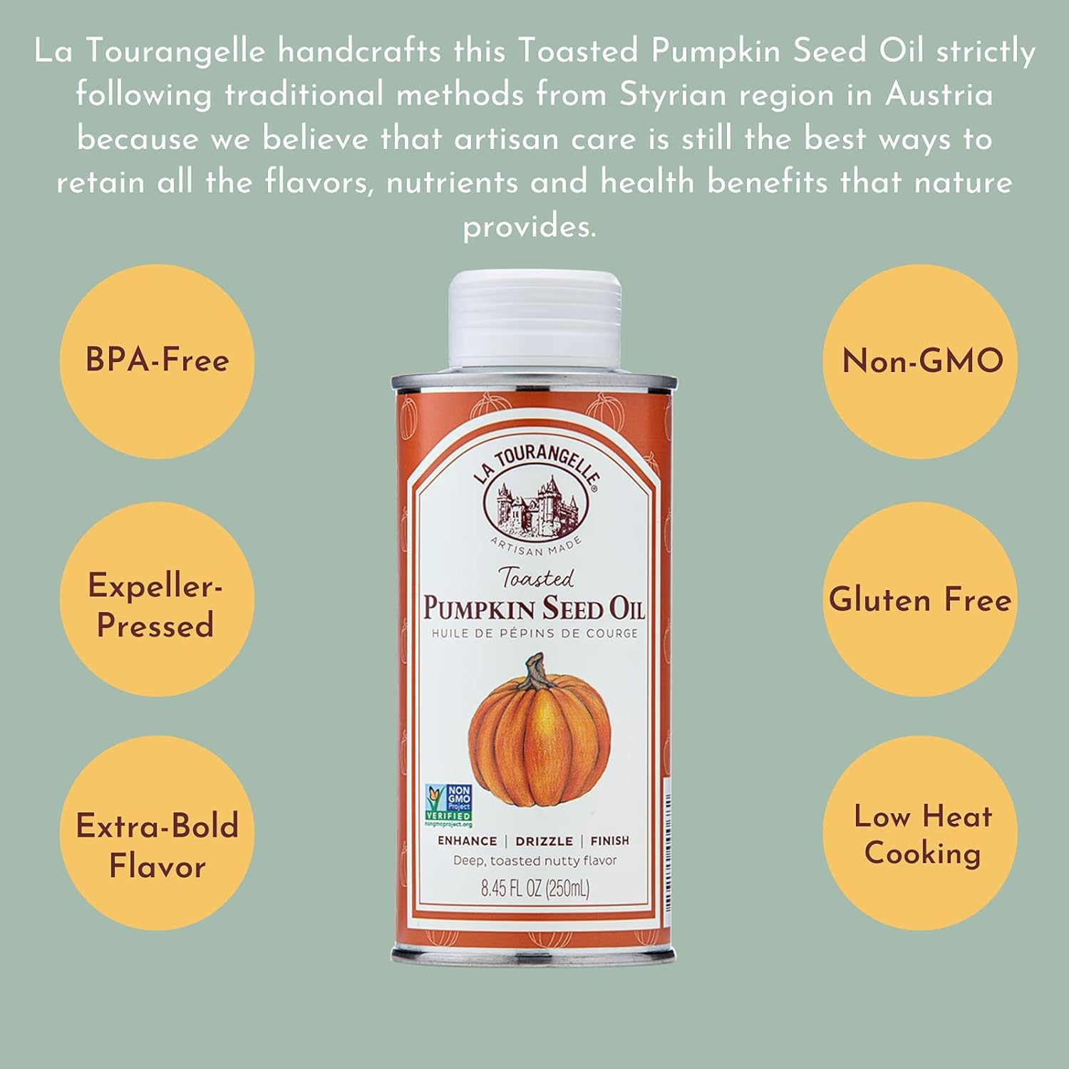 La Tourangelle Toasted Pumpkin Seed Oil - 8.45 fl oz, Cold Pressed, High in Antioxidants - Perfect for Salad Dressings, Cooking, Pasta & Dips | Gourmet Oil for Healthy Recipes & Skin Care