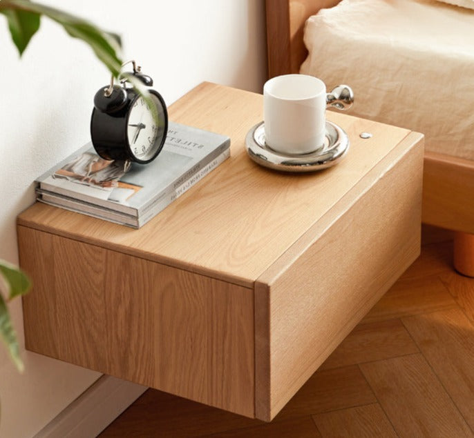 Solid Oak & Poplar Wood Floating Nightstand - Modern Bedside Table with Storage Shelf for Bedroom, Living Room, or Nursery