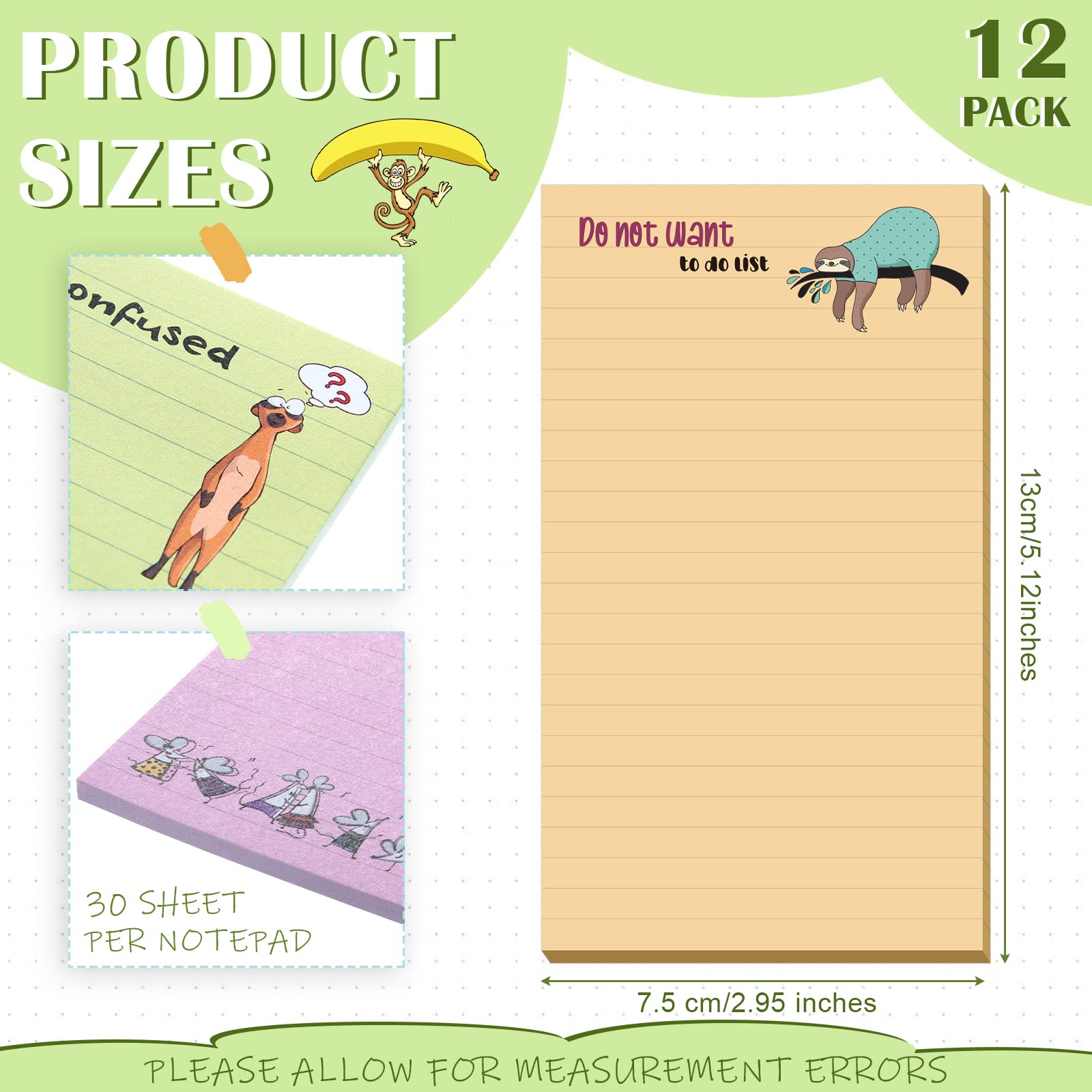 12 Pack Funny Animal Notepads - 3x5 Inch Humorous Memo Pads for Office, Coworkers, Teachers & Adults - 30 Sheets Per Pad - Perfect for Workplace Gifts, Desk Supplies & Daily Note-Taking (Cute Animals Design)