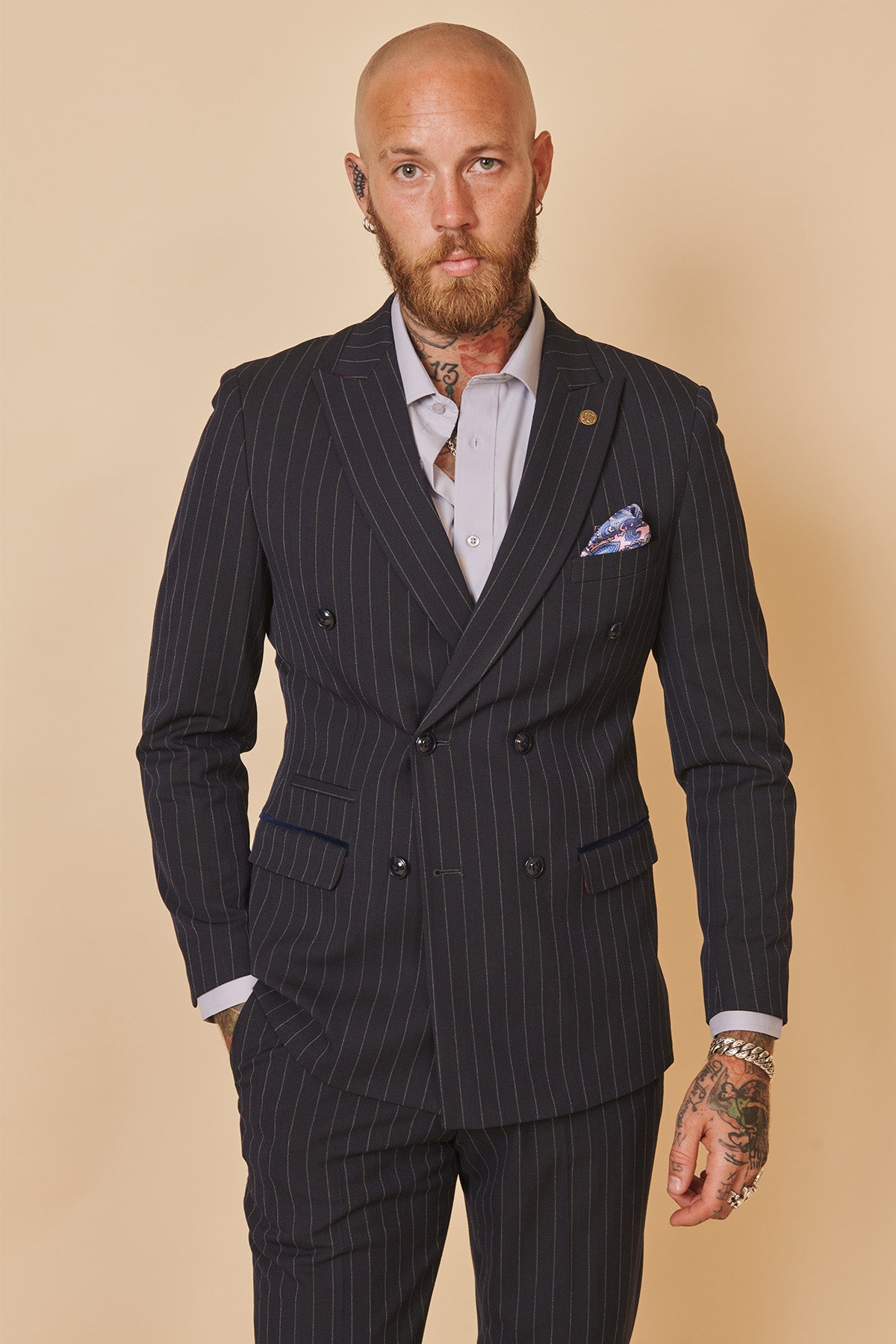 Premium Navy Pinstripe Double Breasted Two-Piece Suit for Men | Formal Business Attire | Wedding & Office Wear | Slim Fit Blazer & Dress Pants Set