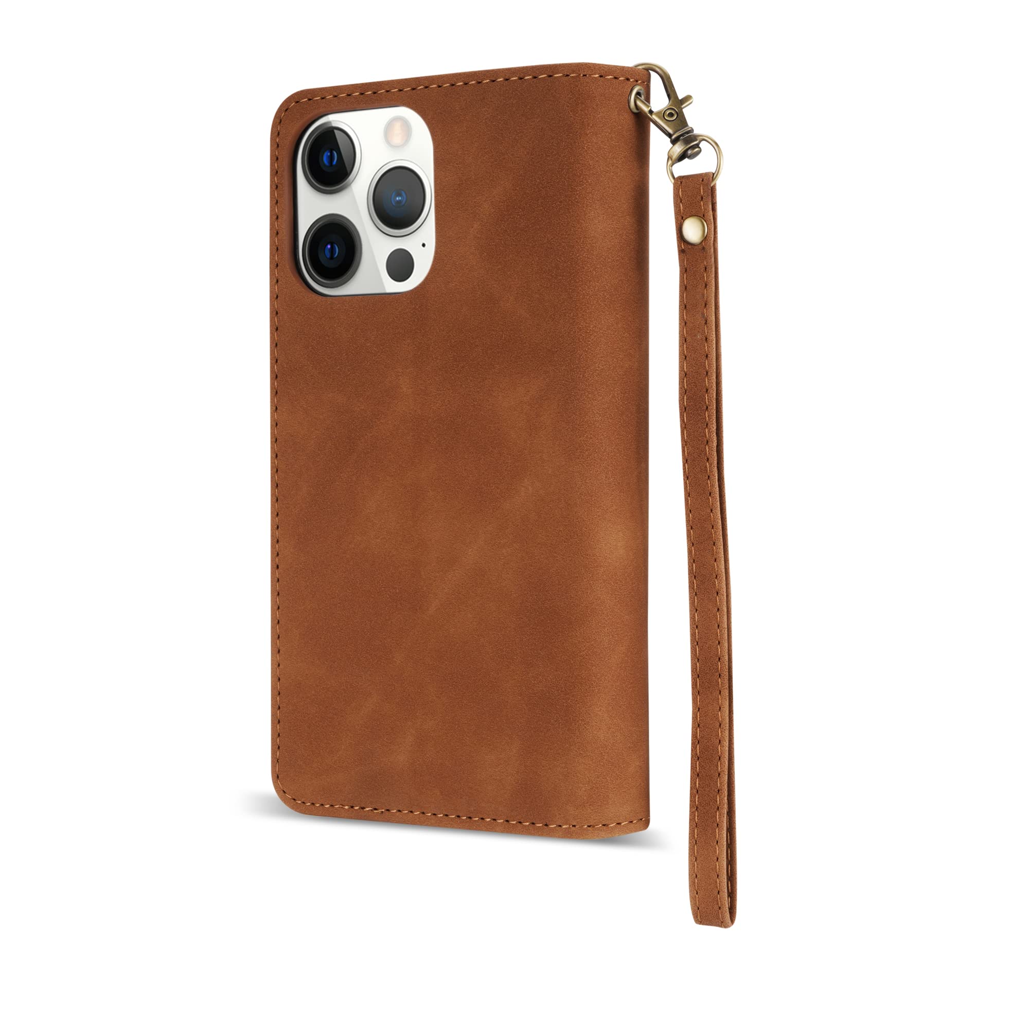 Premium Soft PU Leather Zipper Flip Wallet Case for iPhone 12 Pro Max (6.7 inch) - Card Slots, Wrist Strap & Kickstand | Protective Folio Cover for Everyday Use, Travel & Business (Brown)