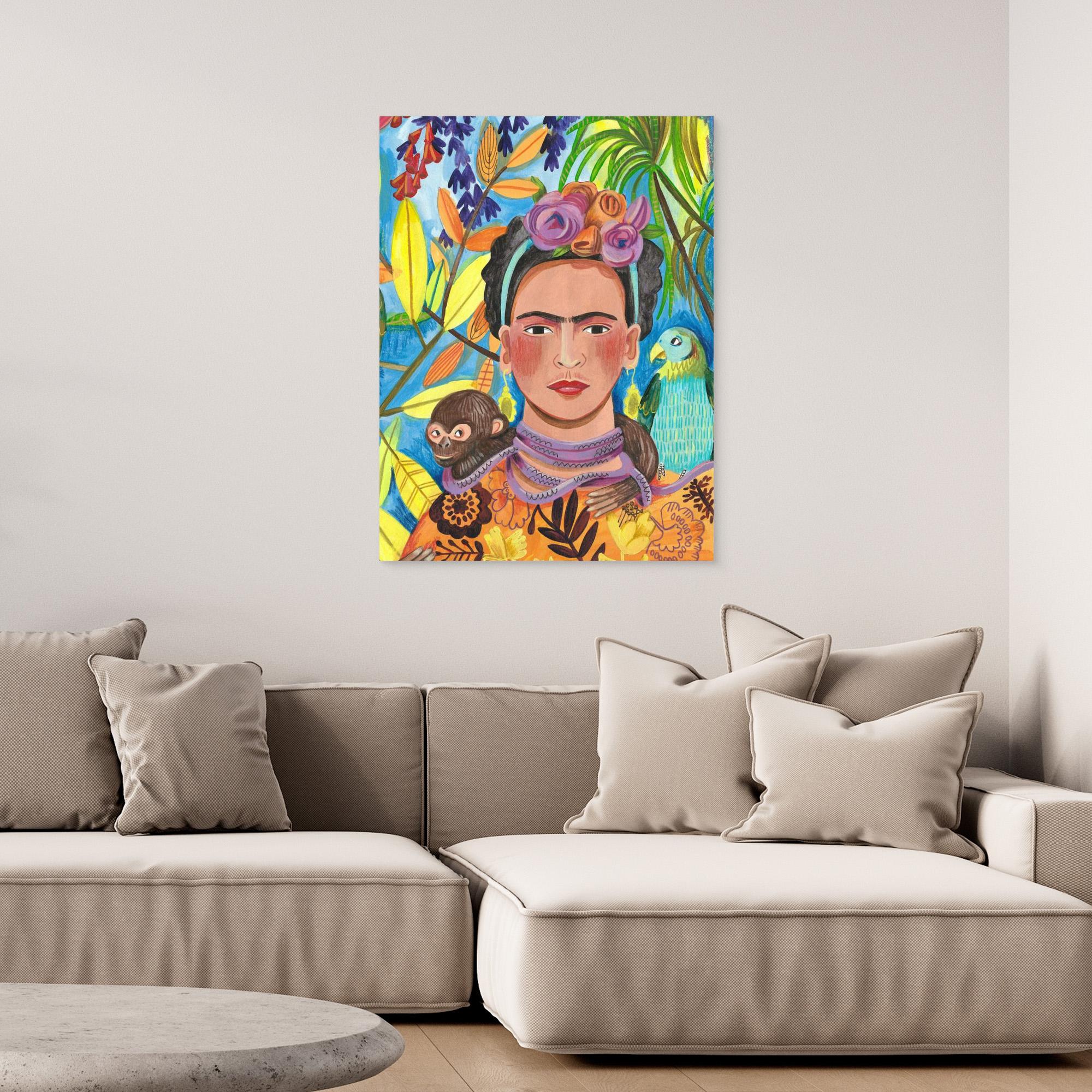 Frida and Her Parrots Canvas Print by Caroline Bonne Müller - Vibrant Wall Art for Living Room, Bedroom & Office Decor