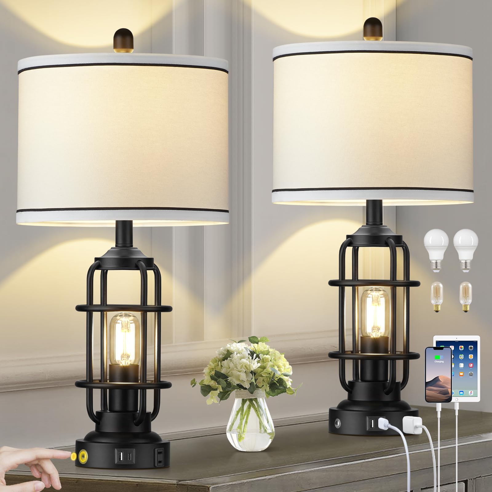 Modern Industrial Table Lamps Set of 2 - 3-Way Dimmable Bedside Lamps with USB A+C Ports & AC Outlet, 25