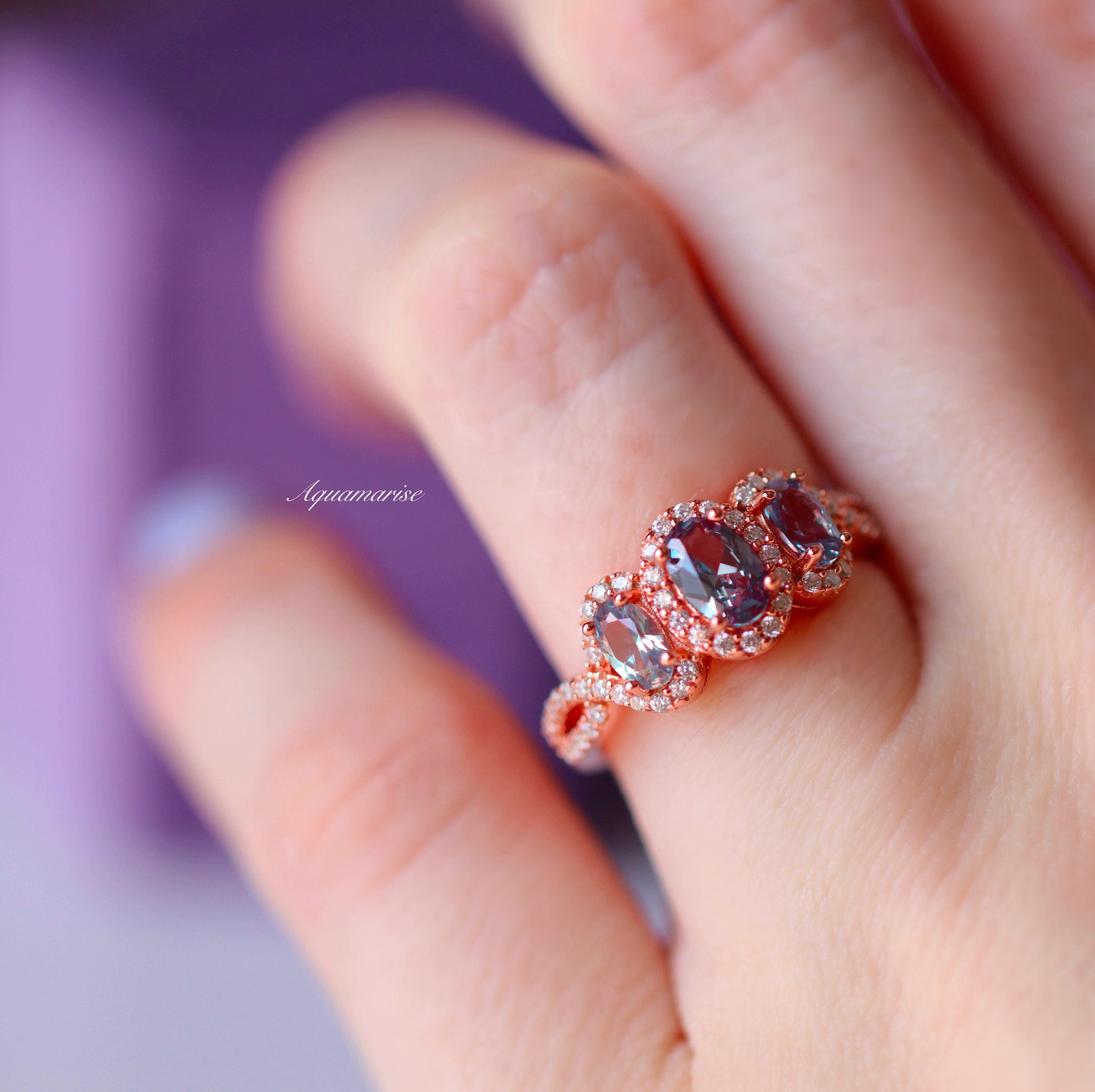 14K Rose Gold Vermeil Trio Alexandrite Ring for Women - Elegant Birthstone Jewelry Gift for Anniversary, Engagement & Special Occasions
