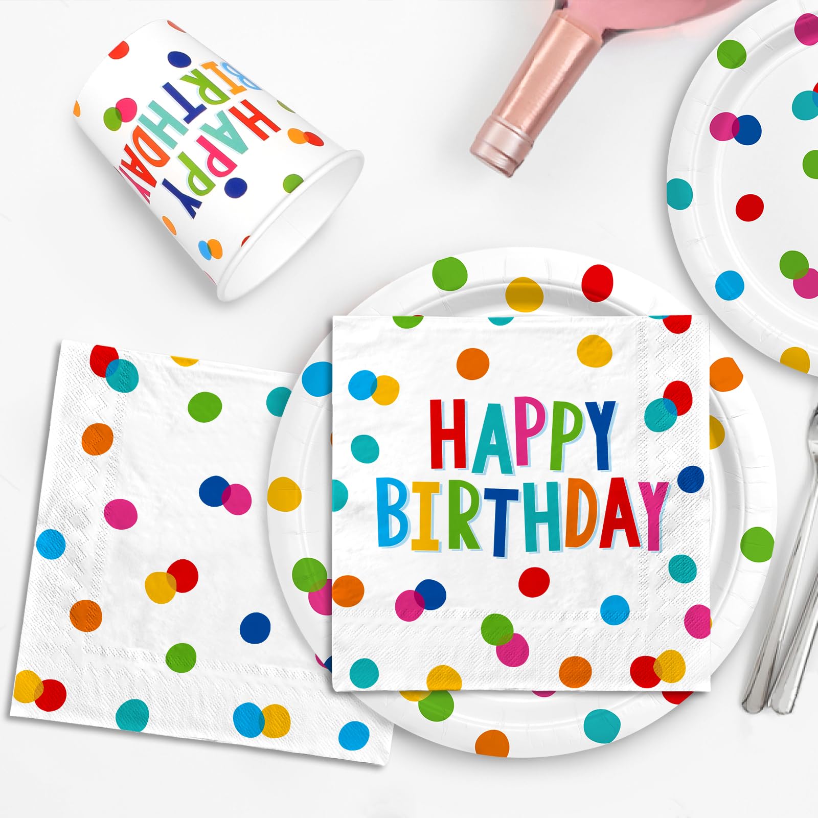 Happy Birthday Party Supplies Set - 25-Piece Disposable Paper Plates, Napkins, Cups, Tablecloth & Banner with Dots Design for Boys & Girls | Birthday Decorations for Kids, Adults & Family Celebrations