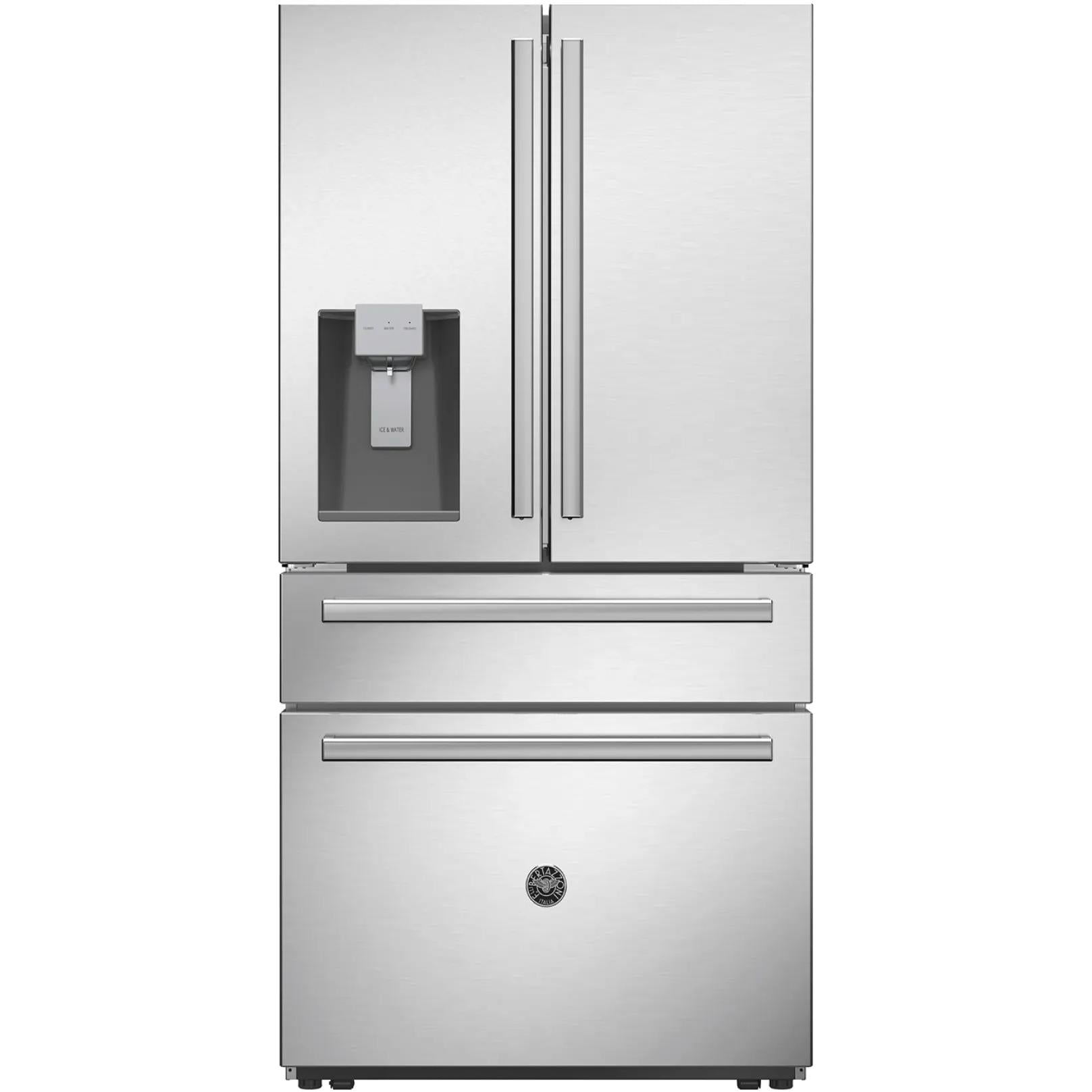 Bertazzoni 36 Inch 21.6 cu.ft French Door Refrigerator with 4 Doors - Stainless Steel Energy Star Rated for Modern Kitchen & Open Concept Living Spaces
