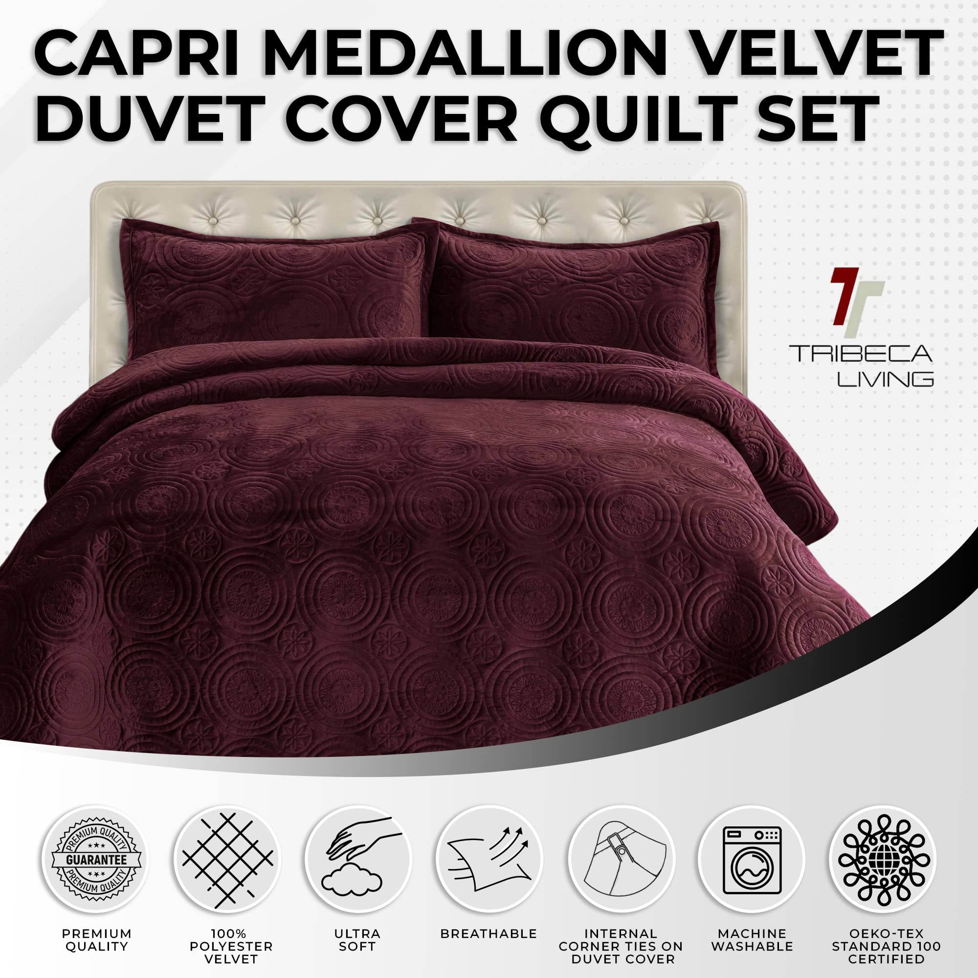 Tribeca Living Oversized Velvet Quilt - 3-Piece Queen Bed Set with 260GSM Soft Quilted Velvet, Includes 1 Quilt & 2 Shams in Plum | Luxurious Bedding for Master Bedroom, Guest Room & Cozy Winter Nights