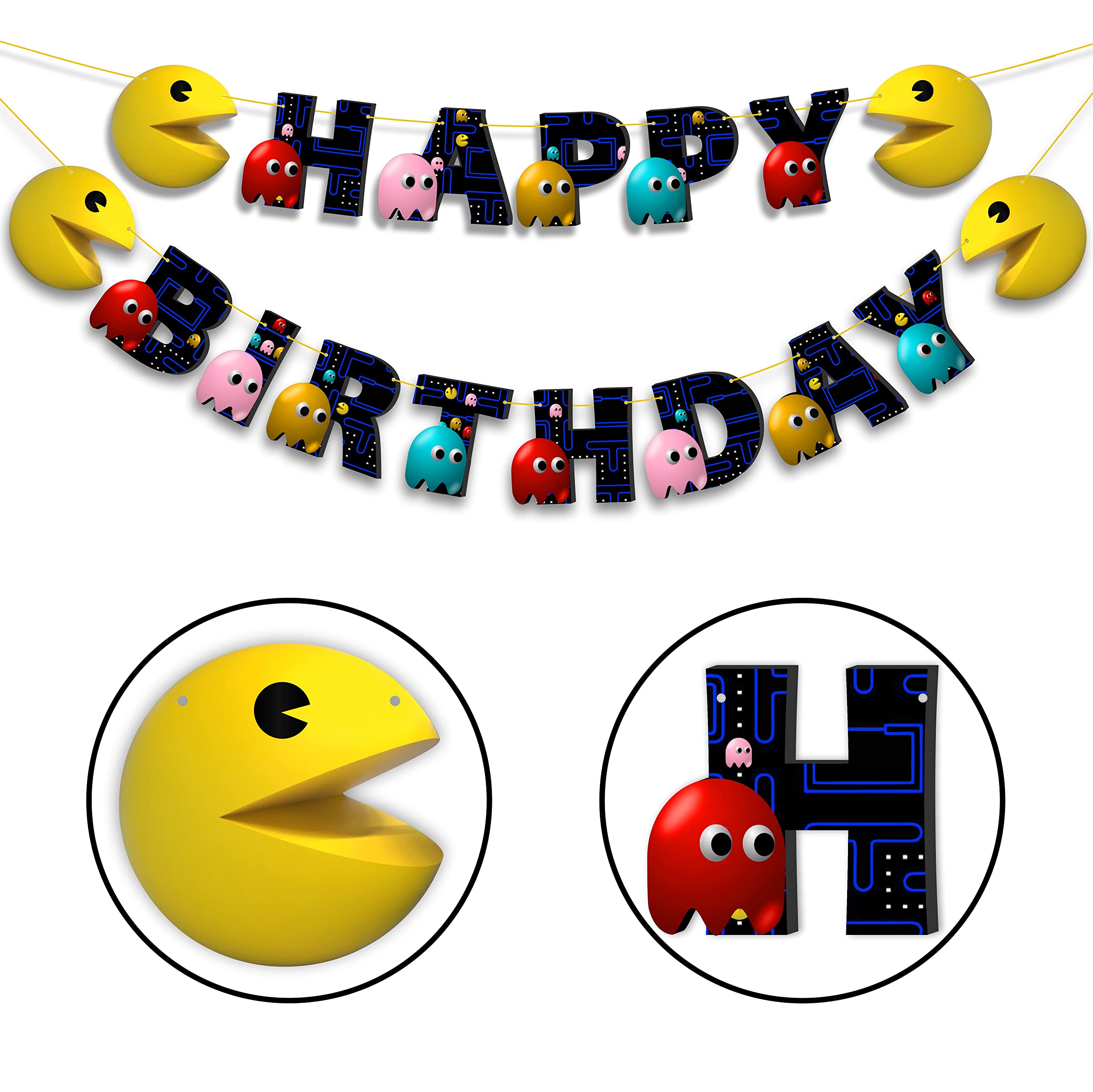 Pacmn Ghost Happy Birthday Banner - Halloween Birthday Party Decorations for Kids & Adults - Perfect for Indoor & Outdoor Celebrations