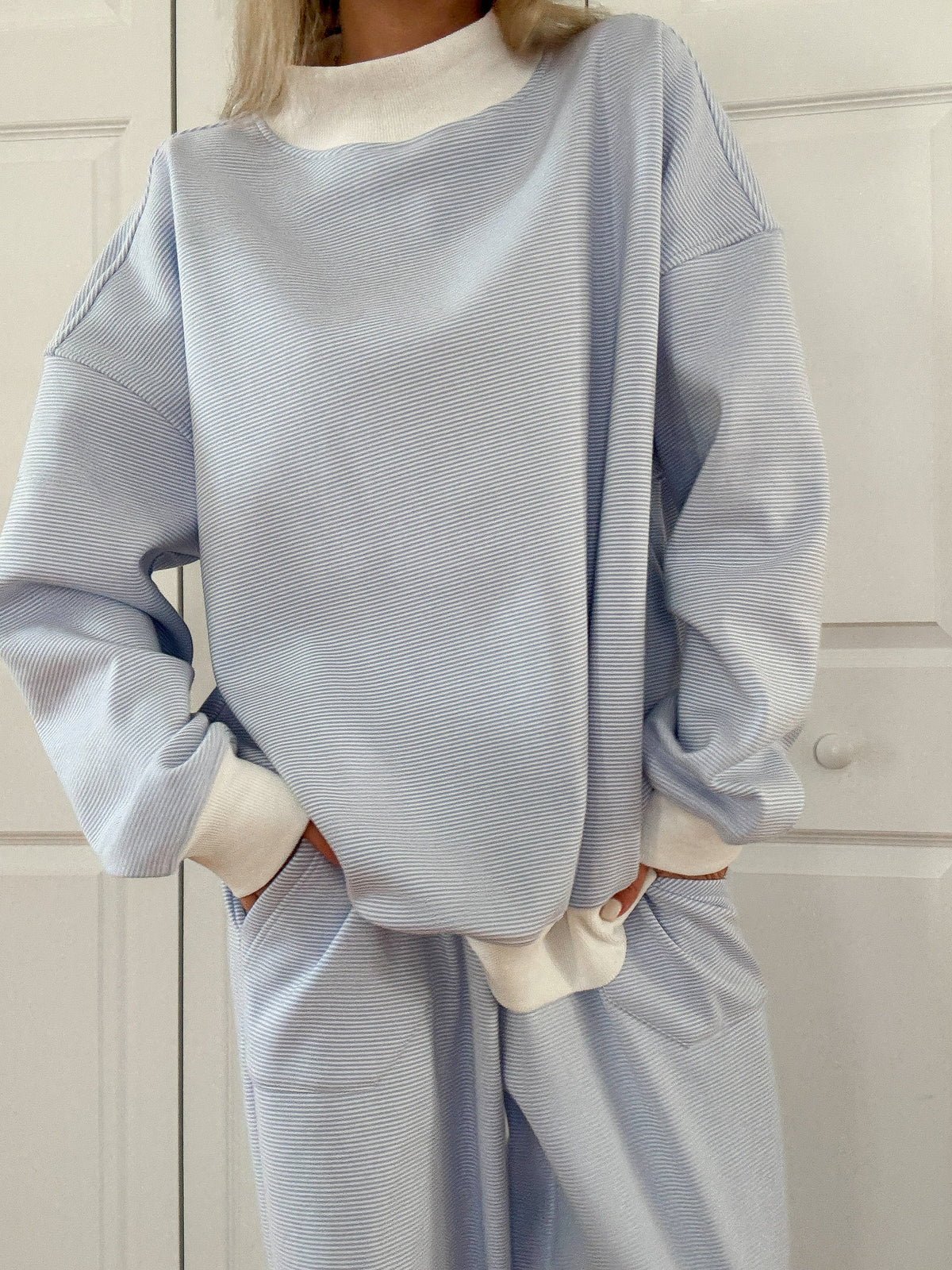 Cynthia Mini Striped Mock Neck Sweatshirt - Blue and White Pullover for Women | Casual Fall & Winter Fashion | Perfect for Layering, Coffee Dates & Weekend Outings