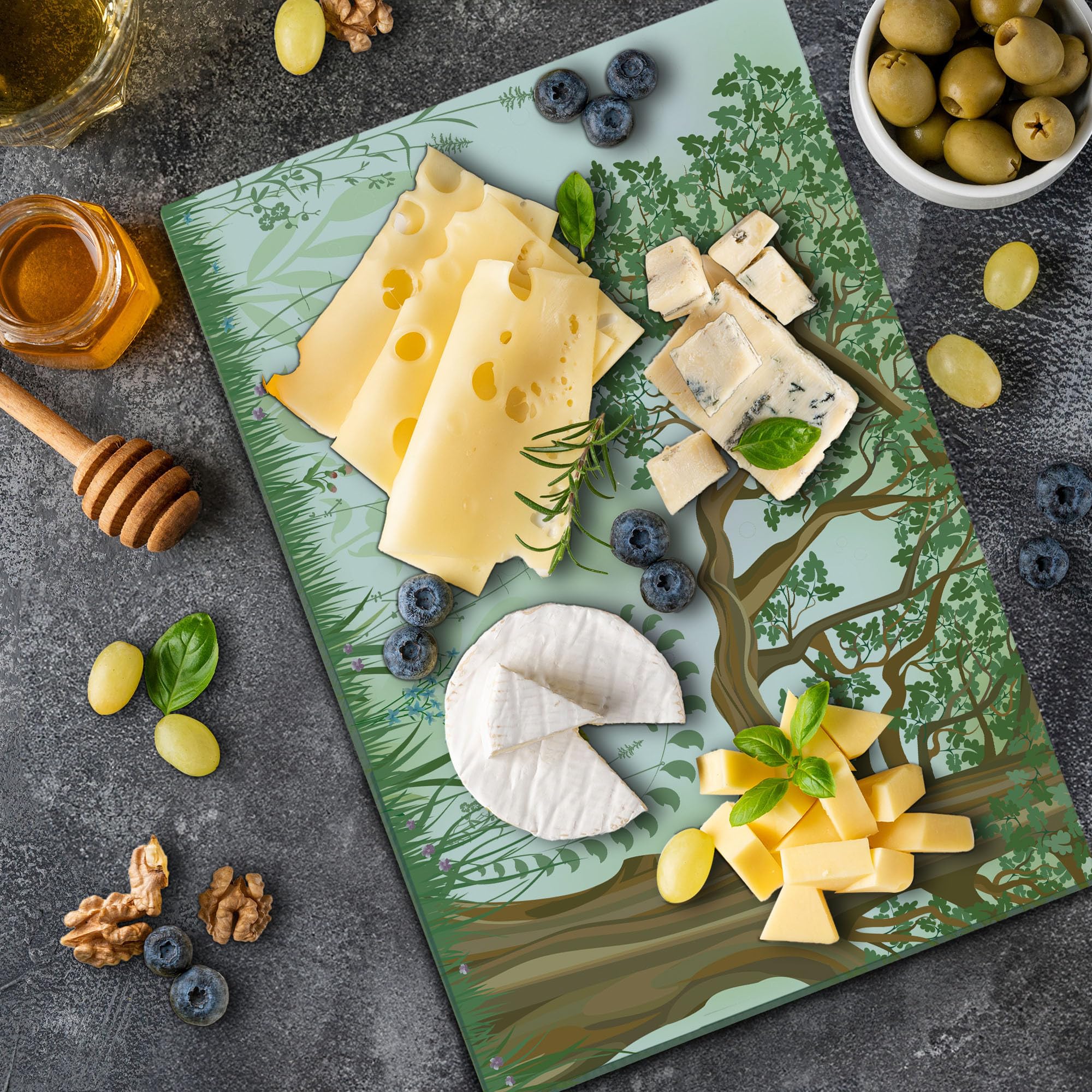 Ambesonne Nature Themed Cutting Board - Spring Summer Tree Grass Butterfly Oil Painting Design - Decorative Tempered Glass Serving Board - Large Size (Green, Brown, White) - Perfect for Kitchen Decor, Cheese Platter & Wall Art Display