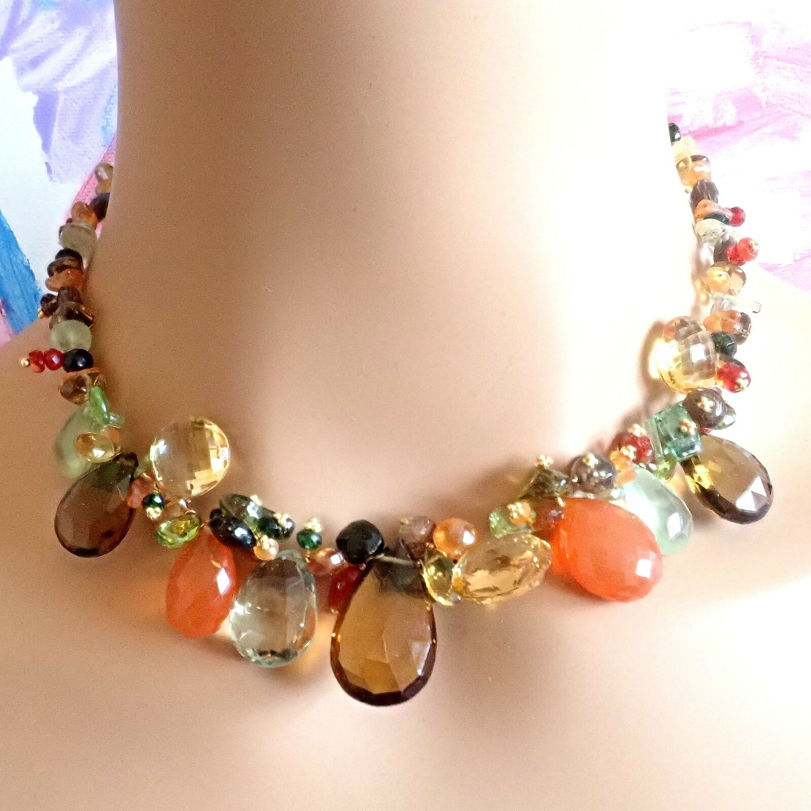 22K Yellow Gold Briolette Onyx Spessartite Bead Candy Necklace by Laura Gibson - Rare Vintage Statement Jewelry for Women, Perfect for Evening Parties & Special Occasions