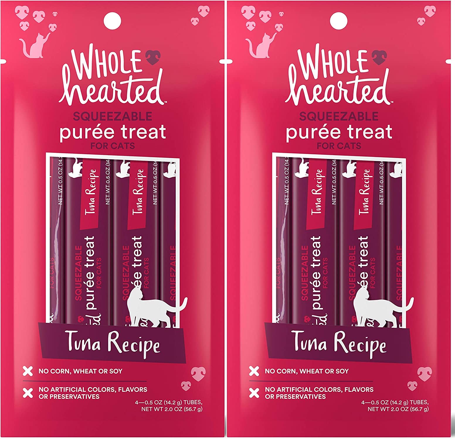 Wholehearted Squeezable Tuna Puree Cat Treats - 8 Pack (0.5 oz Tubes) - High Protein Soft Cat Food Topper for Kittens & Adult Cats - Perfect for Training, Bonding & Picky Eaters