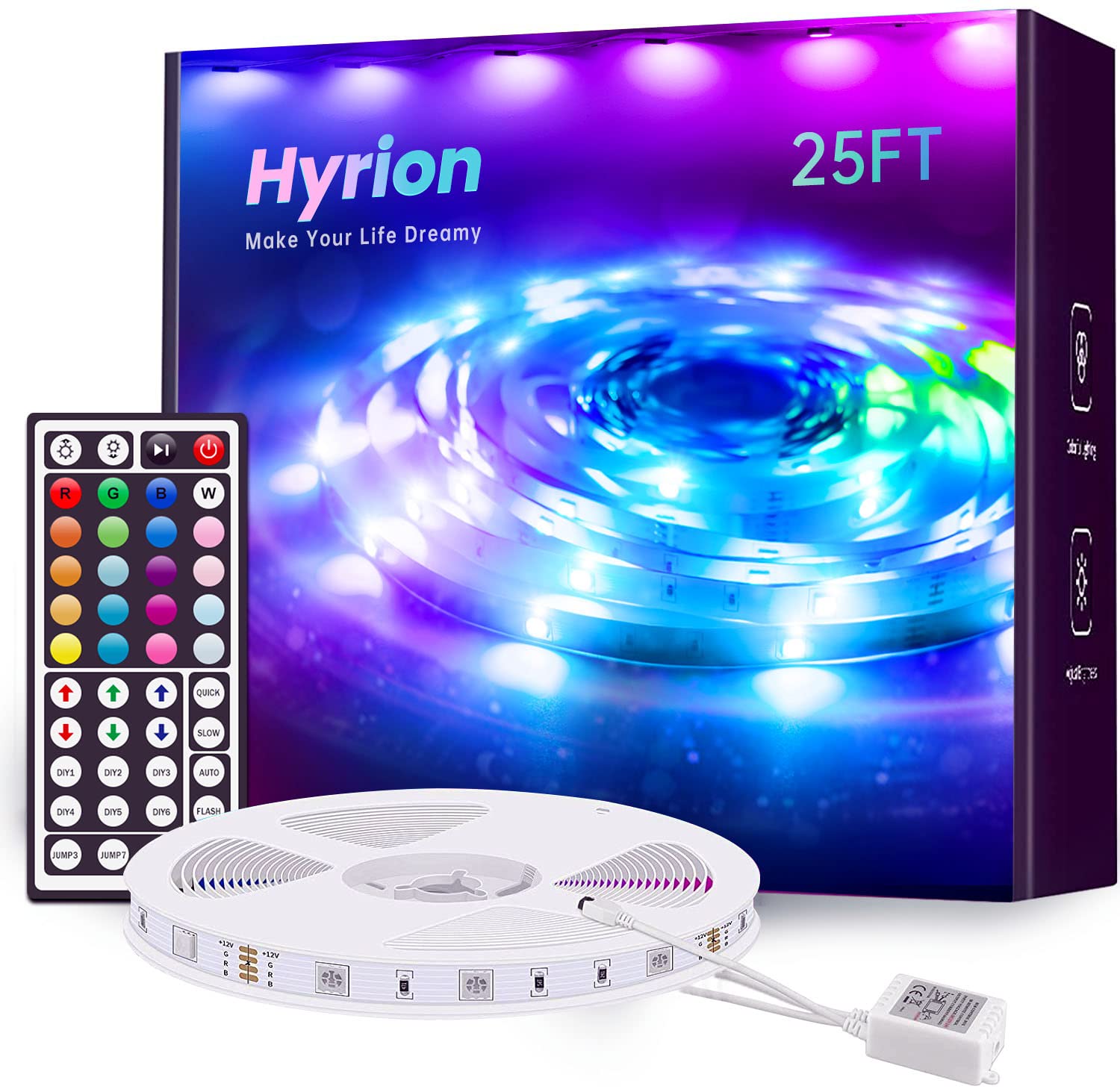Hyrion 25ft LED Light Strips - 1 Roll RGB Color Changing LED Lights with 44-Key Remote for Bedroom, Kitchen, Desk - Perfect for Home Decoration, Gaming Setup & Party Lighting