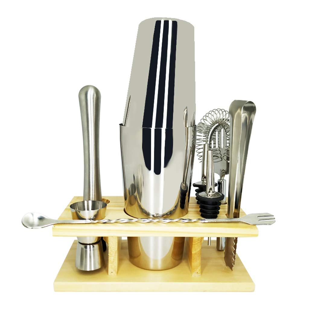 10-Piece Professional Stainless Steel Bartender Kit with Wood Stand, Cocktail Shaker Set & Bar Tools (450-600ml) - Perfect for Home Bars, Cocktail Parties & Mixology Enthusiasts