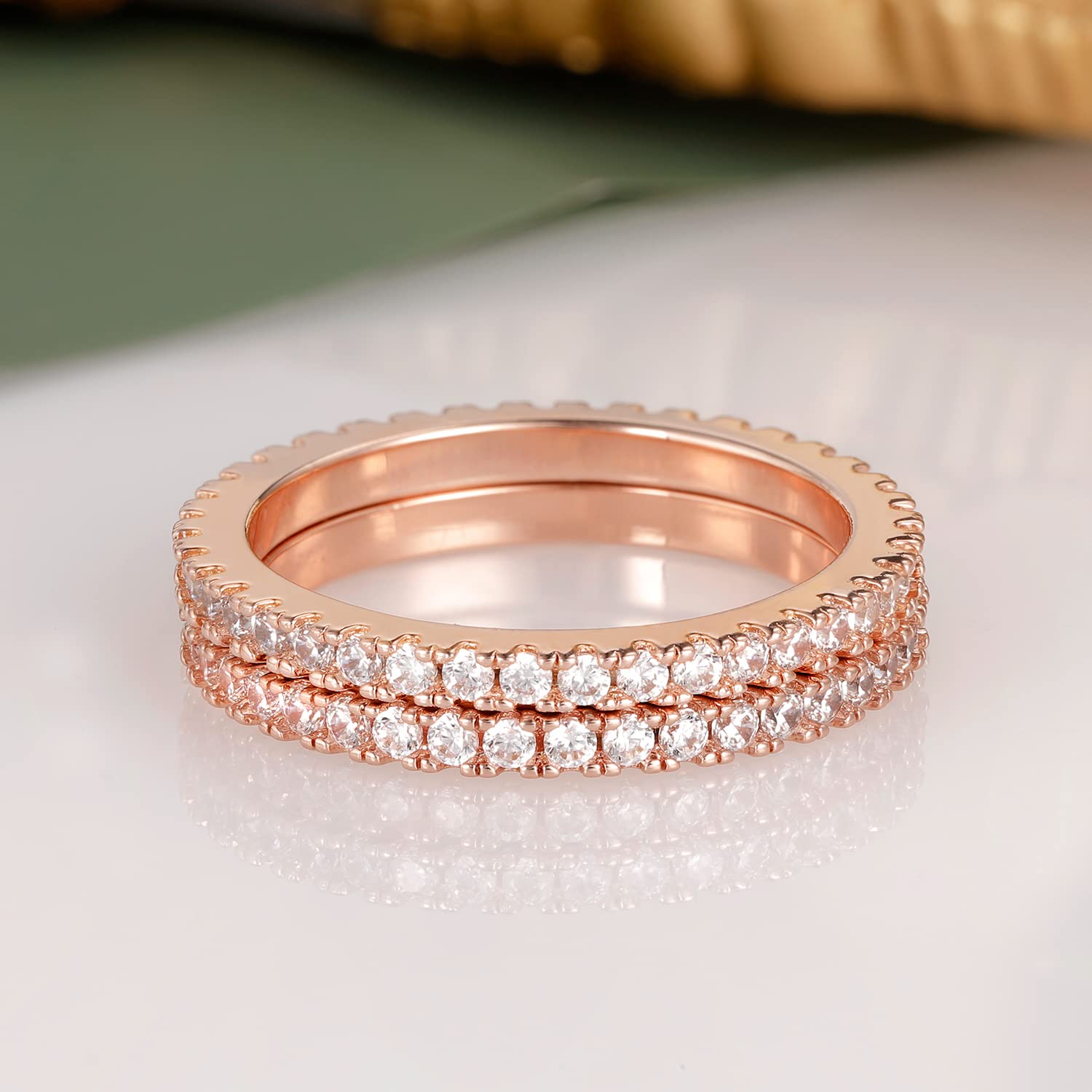VOLUKA Eternity Stacking Rings for Women & Men - 18K Rose Gold Plated Cubic Zirconia Thin Band Rings - Perfect for Layering, Anniversary Gifts & Everyday Elegance