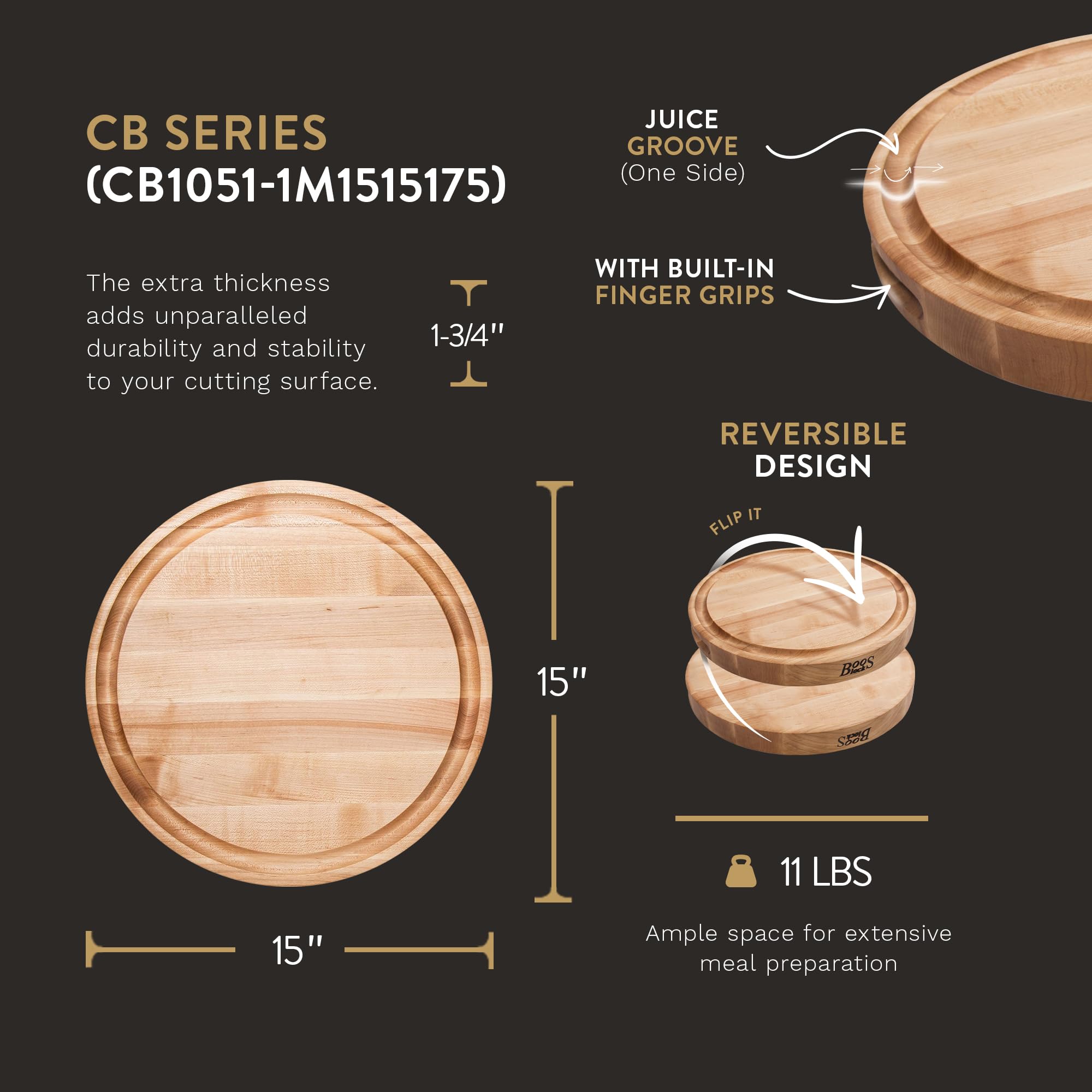 John Boos CB Series 15x15 Inch Reversible Maple Wood Cutting Board with Juice Groove - 1.75-Inch Thick Heavy Duty Chopping Block for Kitchen, Butcher, Meat Prep & Serving - Professional Grade for Chefs & Home Cooks