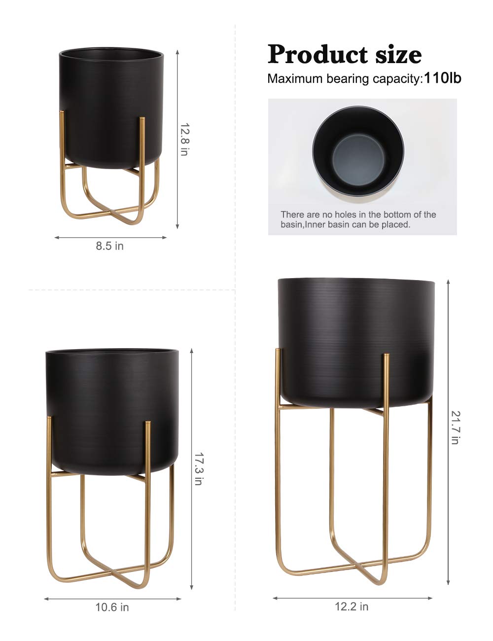 Sinolodo 3-Pack Large Floor Standing Planters with Metal Stand - Extra Large Black & Gold Flower Pots for Indoor/Outdoor Trees, Plants & Home Decor