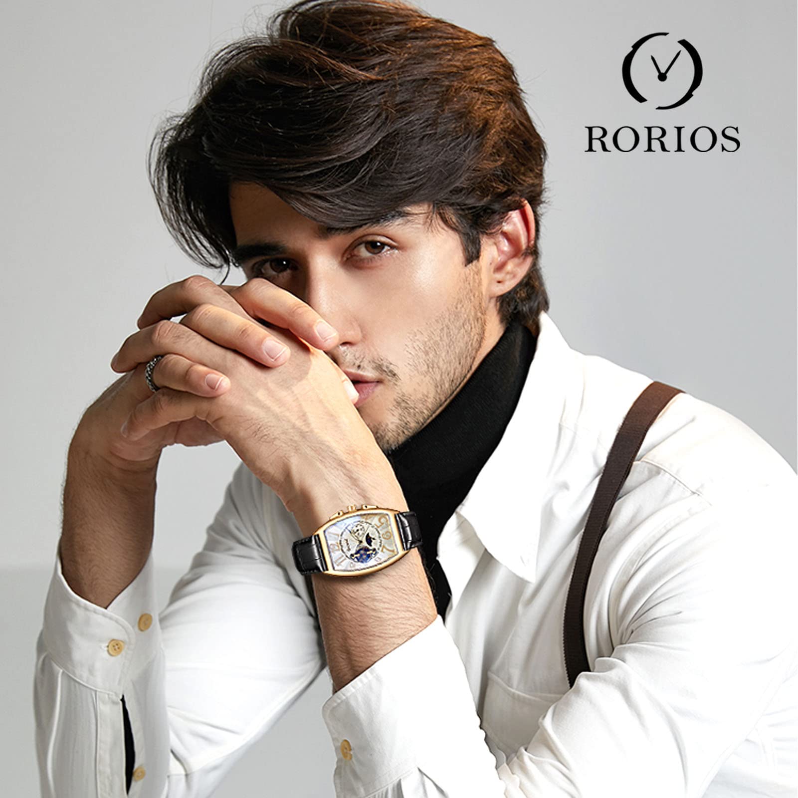 Premium RORIOS Men's Automatic Mechanical Watch with Genuine Leather Strap - Skeleton Dial Tourbillon Watch for Business & Formal Occasions - Luxury Dress Wristwatch for Men
