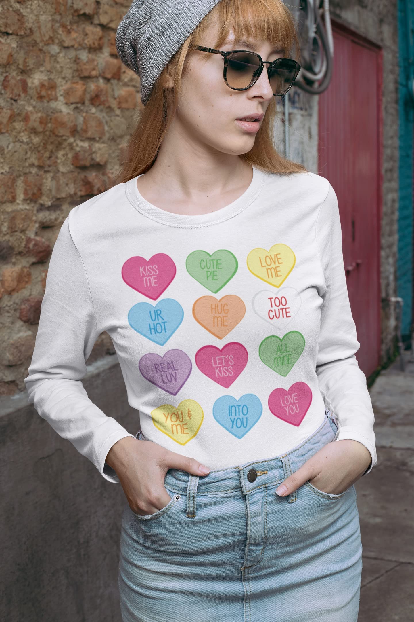 Old Glory Valentine's Day Candy Hearts Women's Long Sleeve T-Shirt - 2X-Large | American Flag Patriotic Valentine Gift for Her | Perfect for Valentine's Day Outfits & Casual Wear