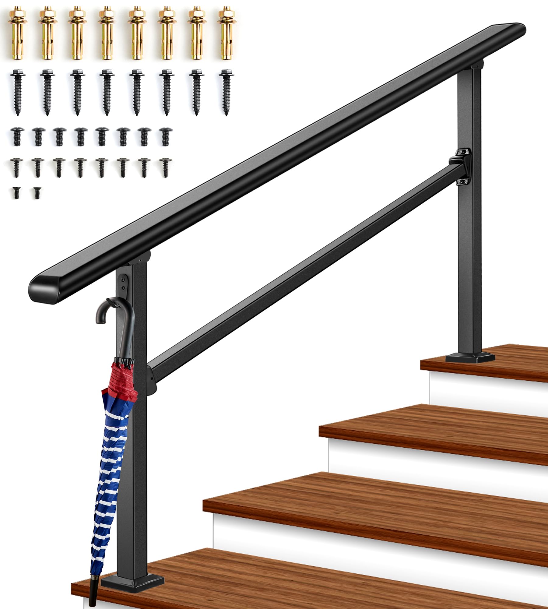 Adjustable Handrails for Outdoor Steps - 3 to 4 Step Versatile Stair Handrail with Hook & Easy Installation Kit | Non-Slip Porch Railing for Seniors & Safety | Perfect for Deck, Patio, and Home Entryway Steps