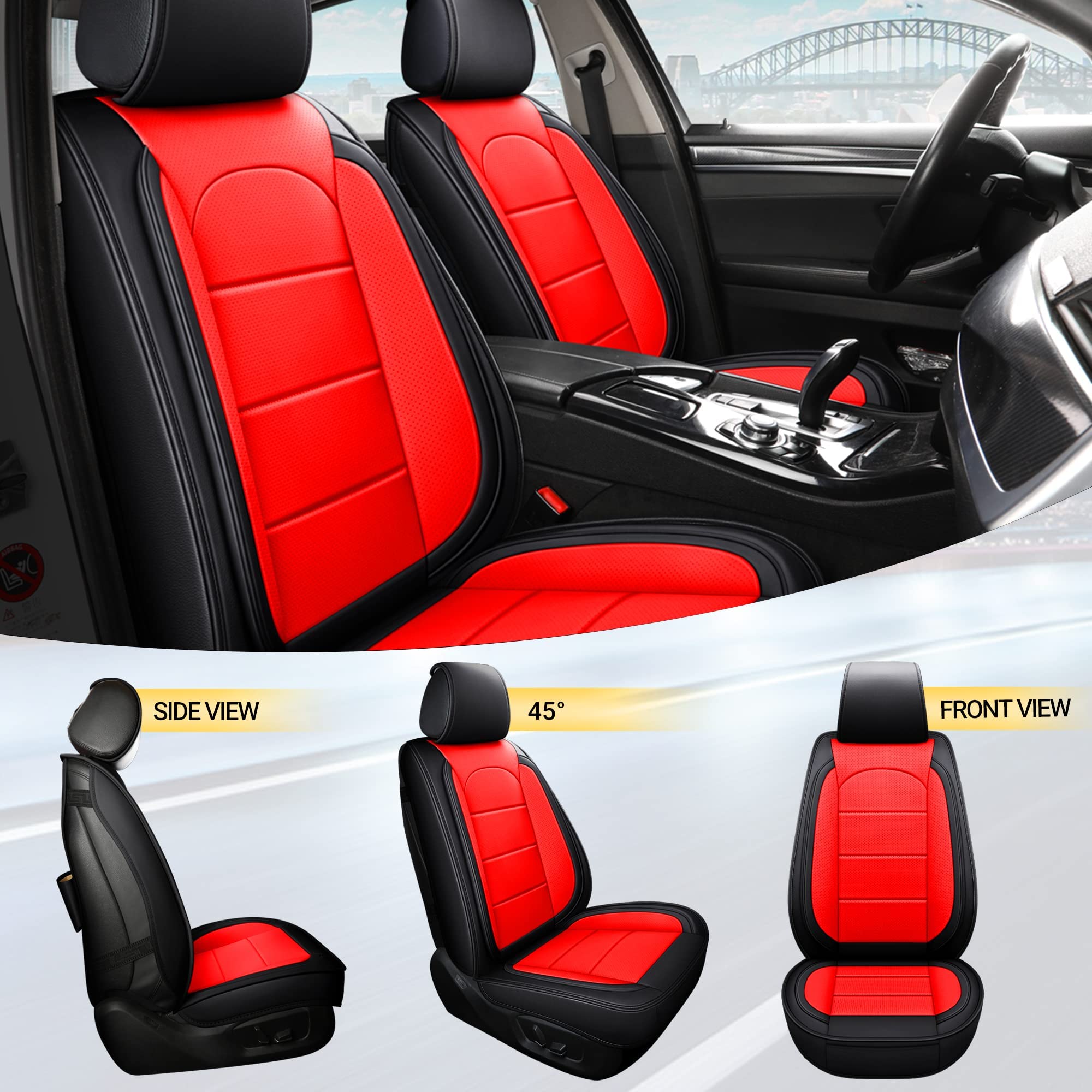 Premium AOOG Leather Car Seat Covers with Backseat Organizer - Universal Fit for Sedans, SUVs & Trucks (Black & Red) - Full Set for Comfort & Style - Perfect for Road Trips, Commuting & Family Travel