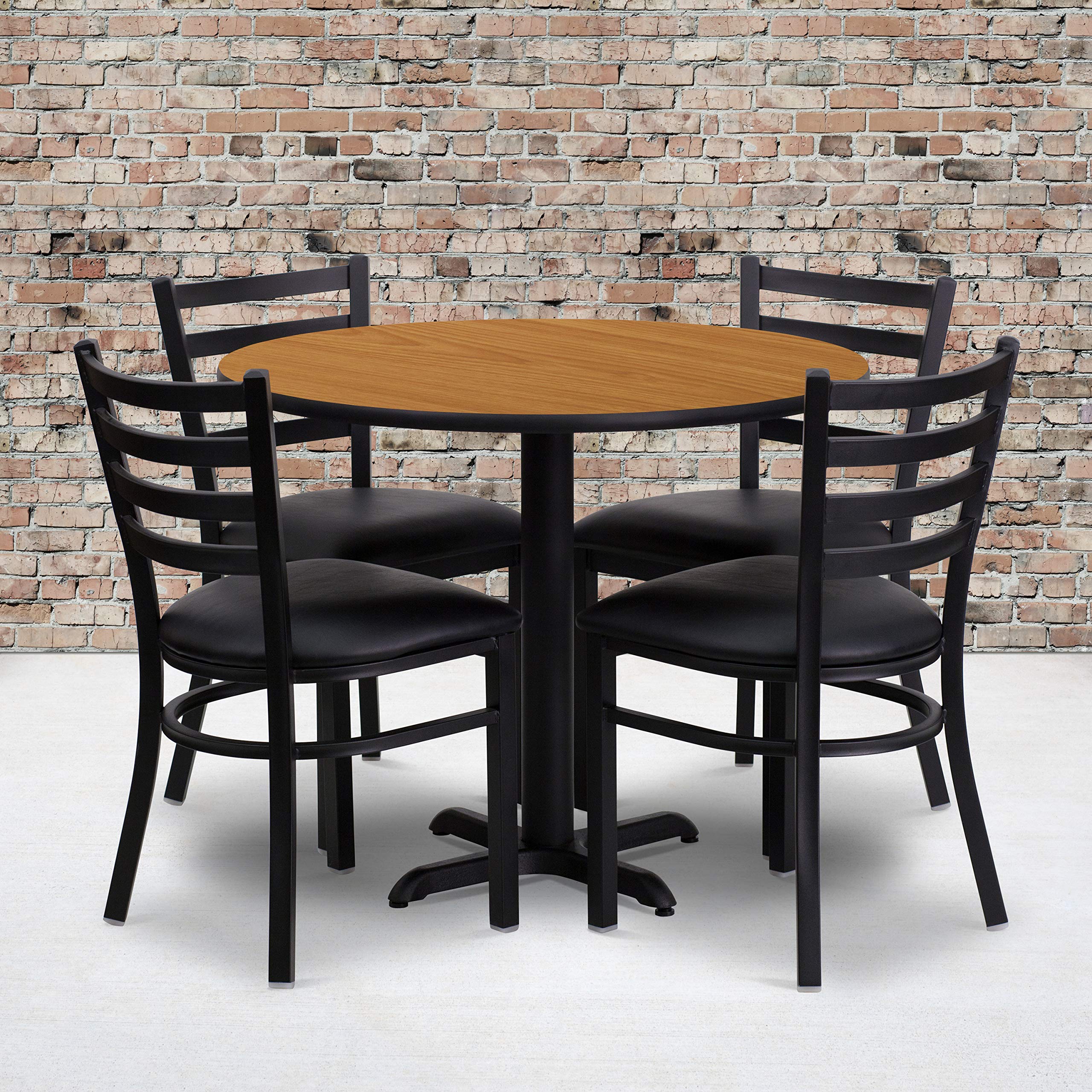 36RD Natural Wood Dining Table Set with X-Base & 4 Ladder Back Chairs - Black Seat - Perfect for Kitchen, Dining Room, and Farmhouse Style Decor