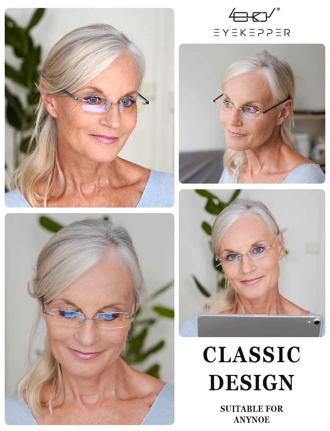 Blue Light Blocking Rimless Reading Glasses for Women - Lightweight Frameless Readers with Blue Arms (2-Pack) - Perfect for Computer Work, Reading & Nighttime Eye Strain Relief