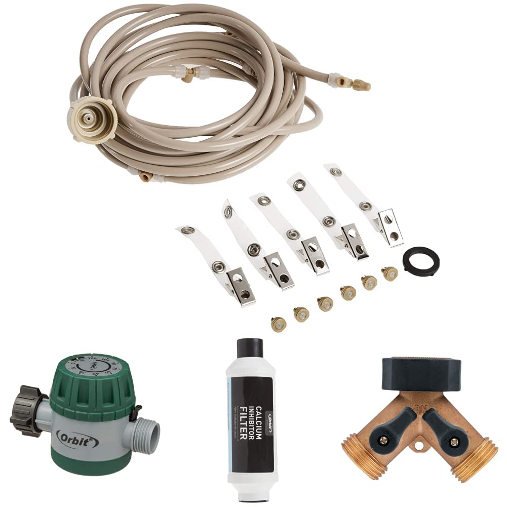 Orbit Patio Cooling Kit with Hose Faucet Timer & Water Filter - Outdoor Misting System for Patio, Deck, and Backyard Cooling