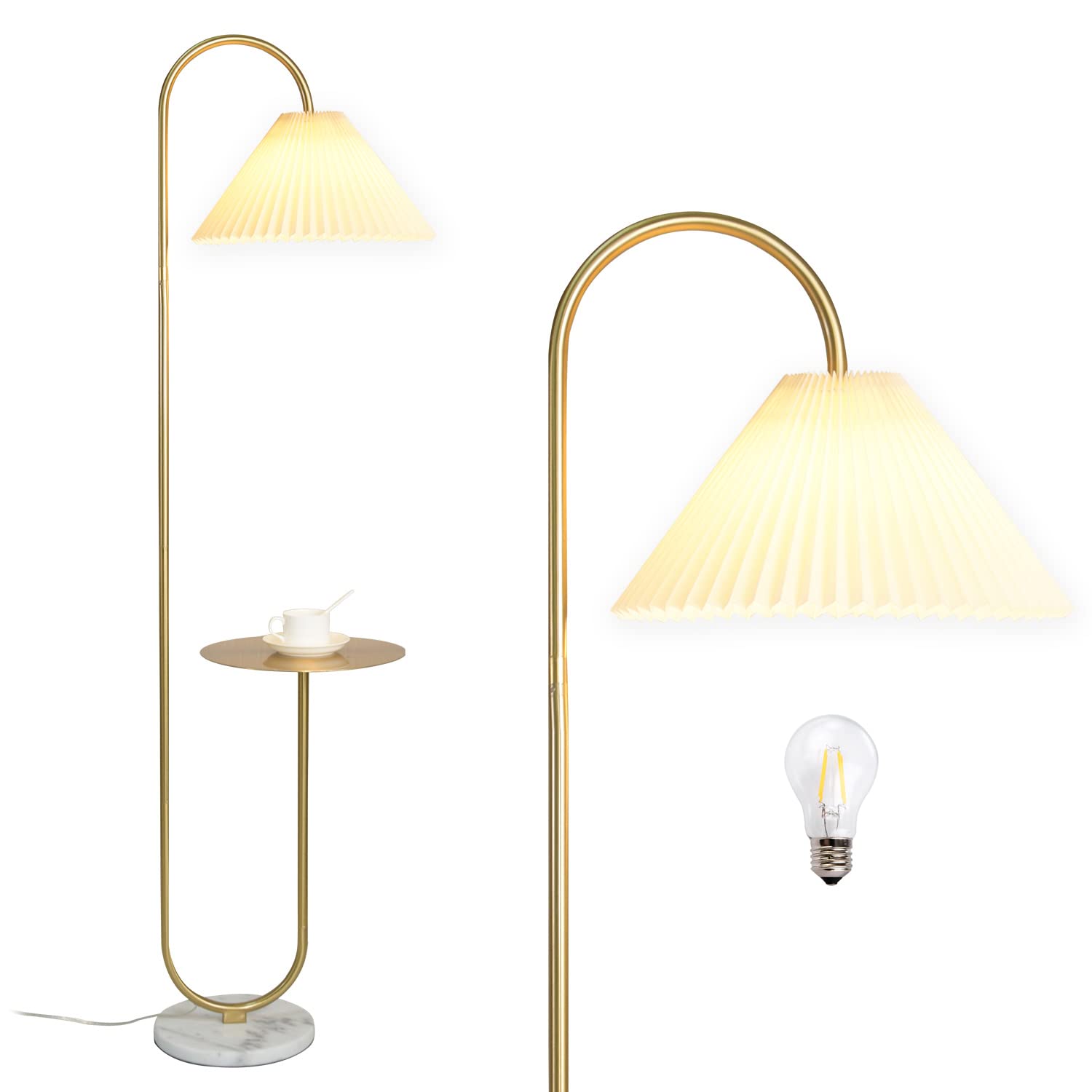 Beaysyty Modern Elegant Floor Lamp with Tray - Brass/Gold Finish & Light Yellow Pleated Lampshade for Office, Cafe, Living Room & Bedroom | Foot Switch Control | Perfect for Reading, Working & Relaxing